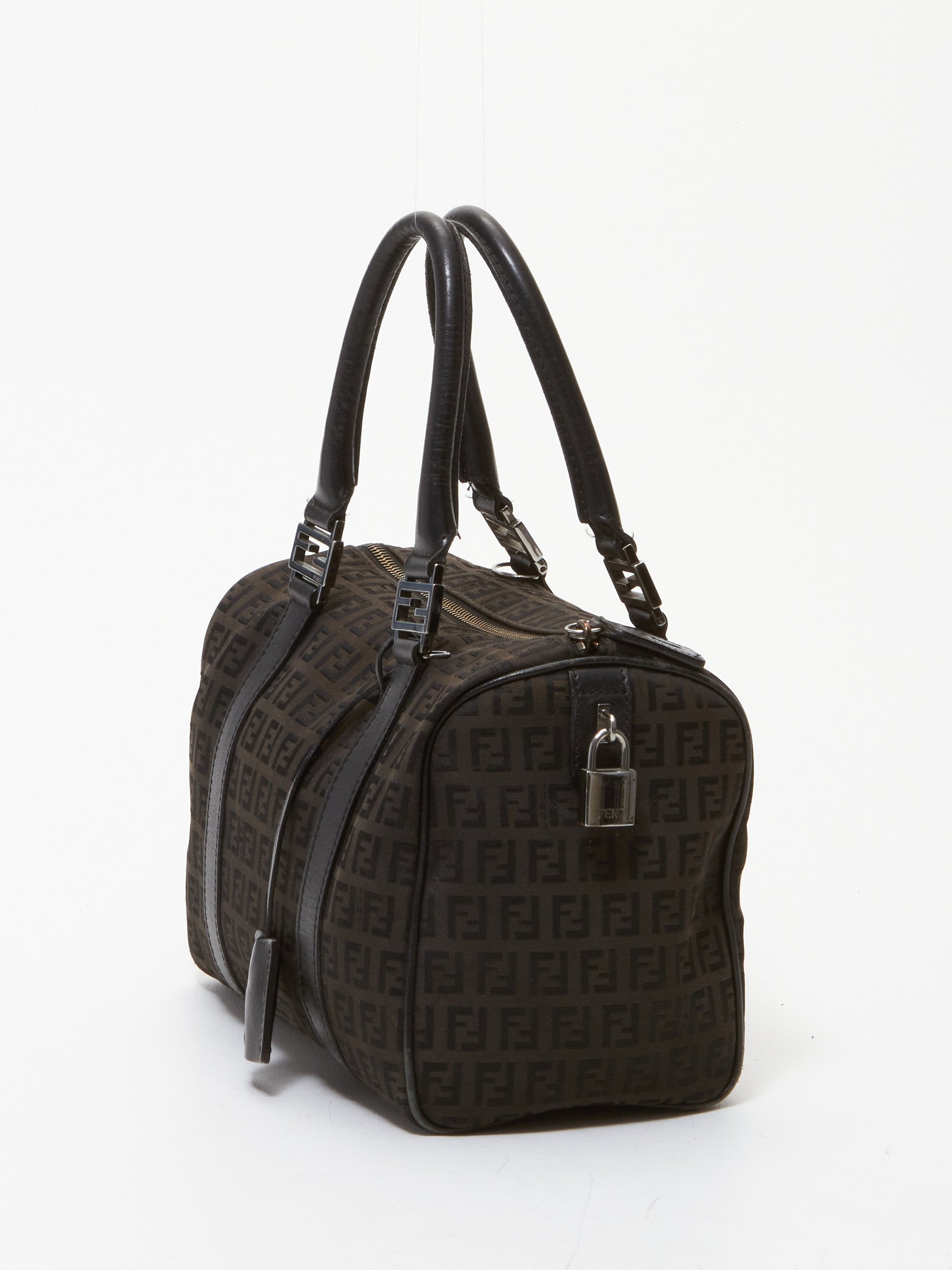 Fendi Brown and Black Zucchino Canvas Small Boston Bag