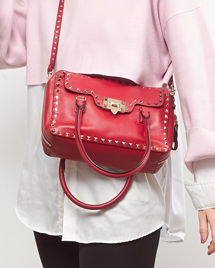 Valentino Red Leather Rockstud Top Handle Convertible Bag