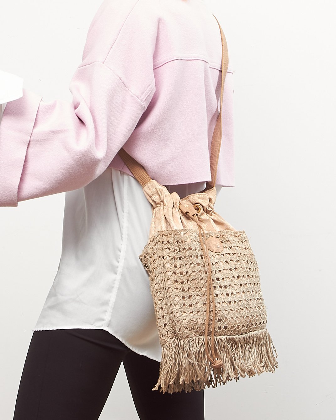 Fendi Pink Glitter Woven Fringe Bucket Bag