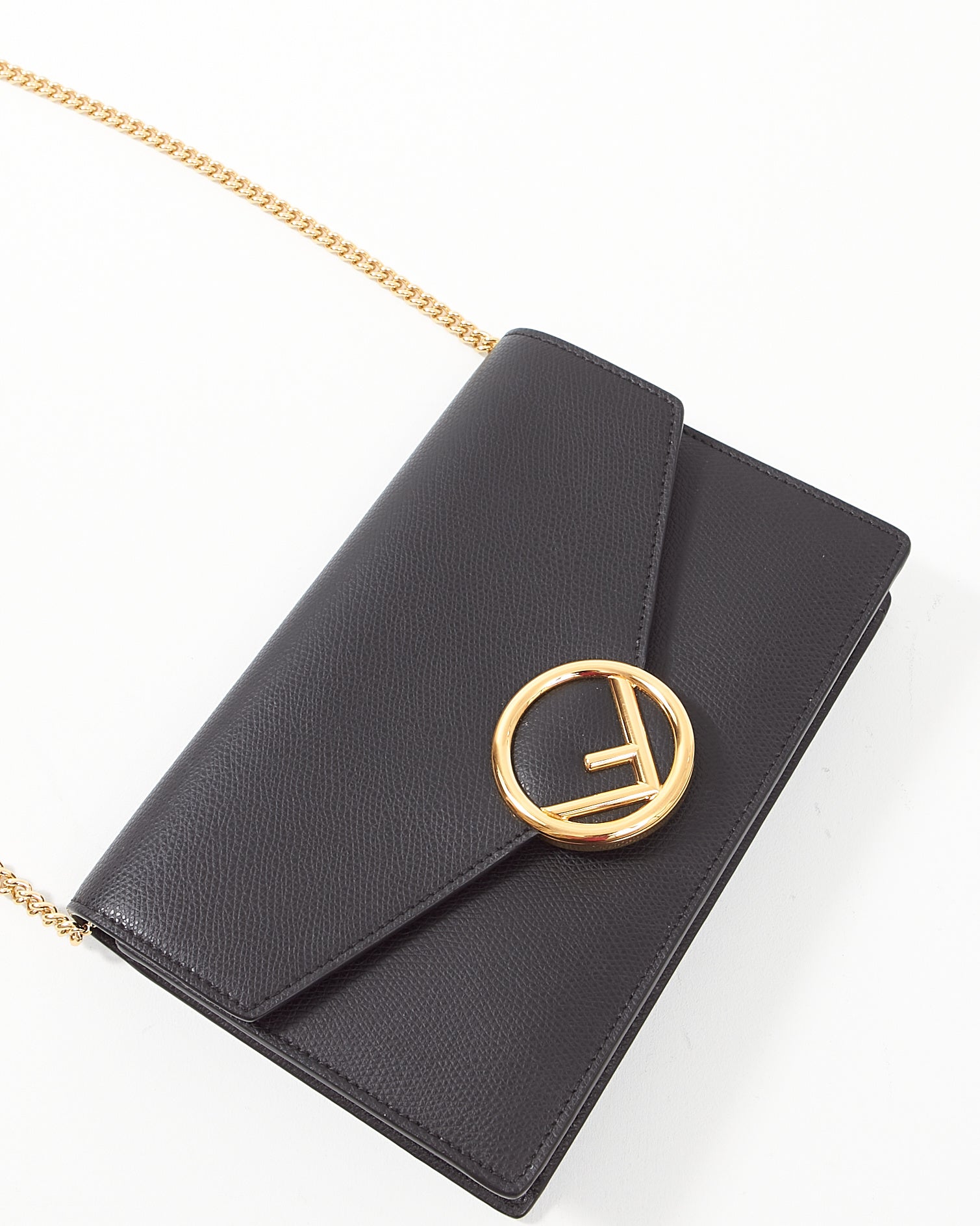 Fendi Black Leather F Logo Wallet On Chain GHW Bag