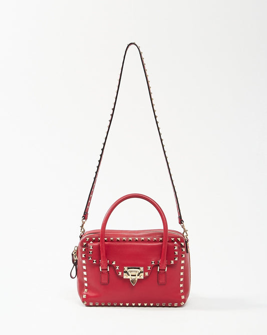 Valentino Red Leather Rockstud Top Handle Convertible Bag