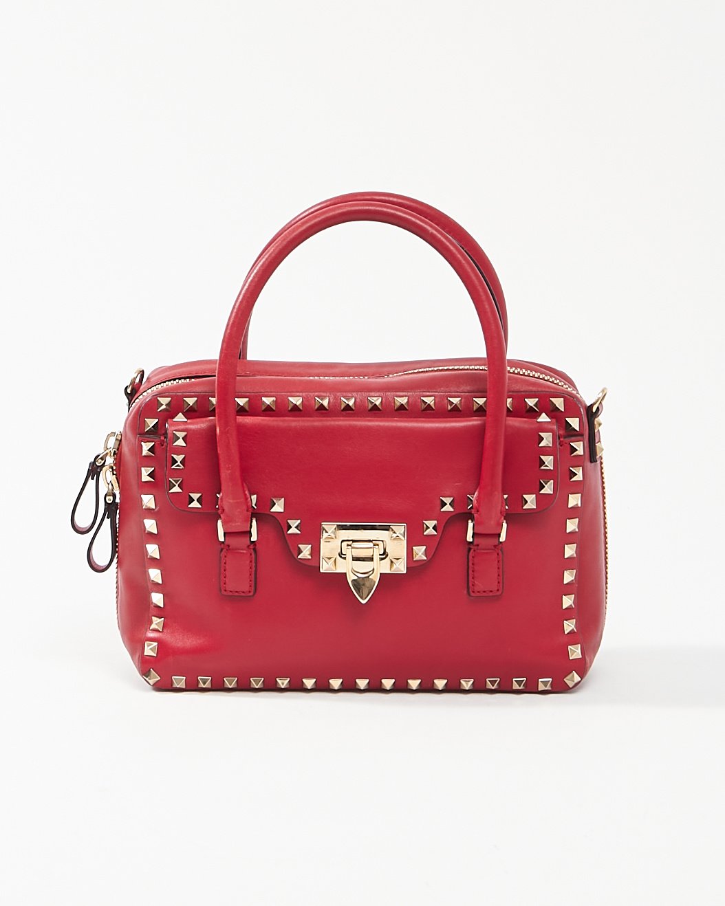 Valentino Red Leather Rockstud Top Handle Convertible Bag