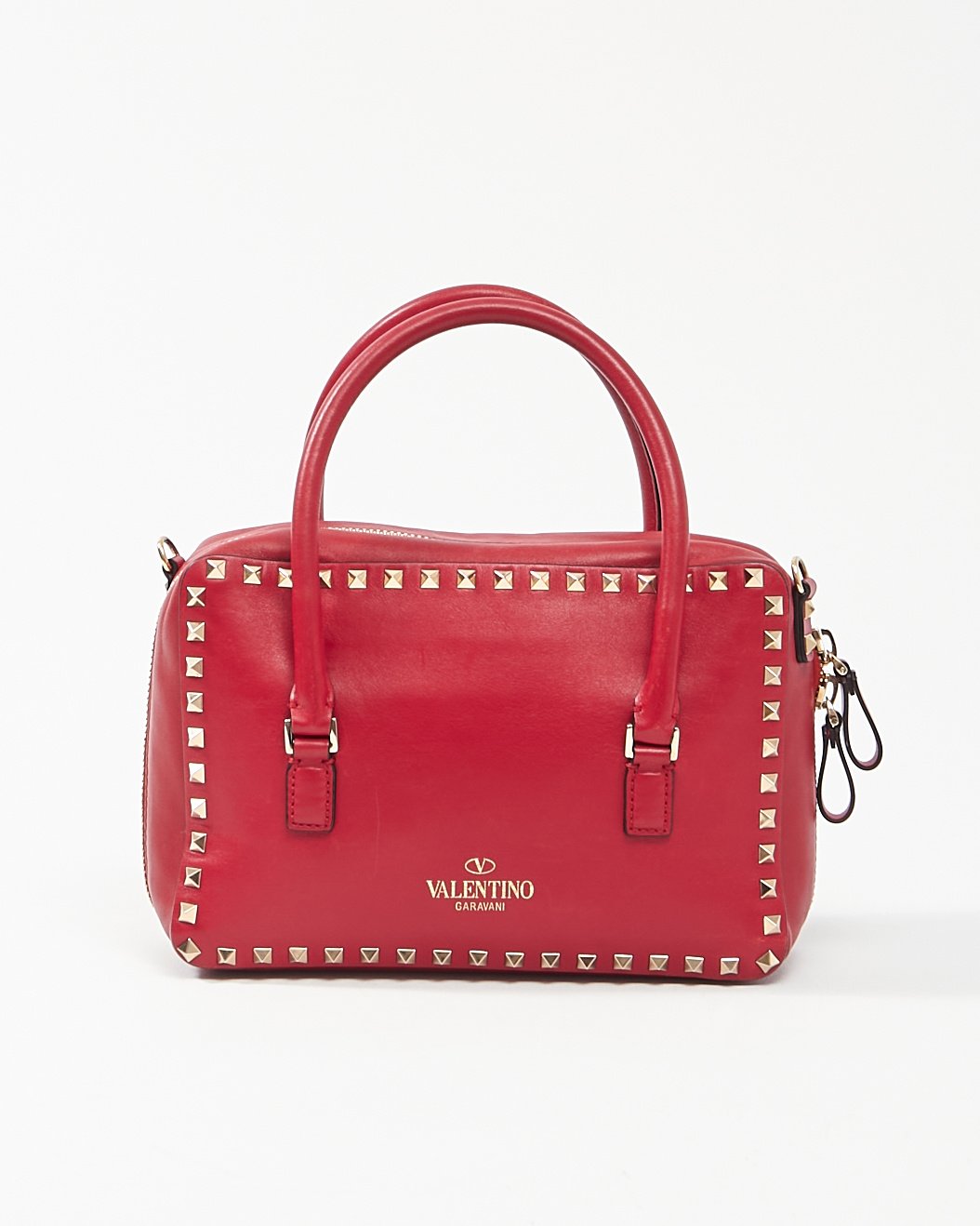 Valentino Red Leather Rockstud Top Handle Convertible Bag