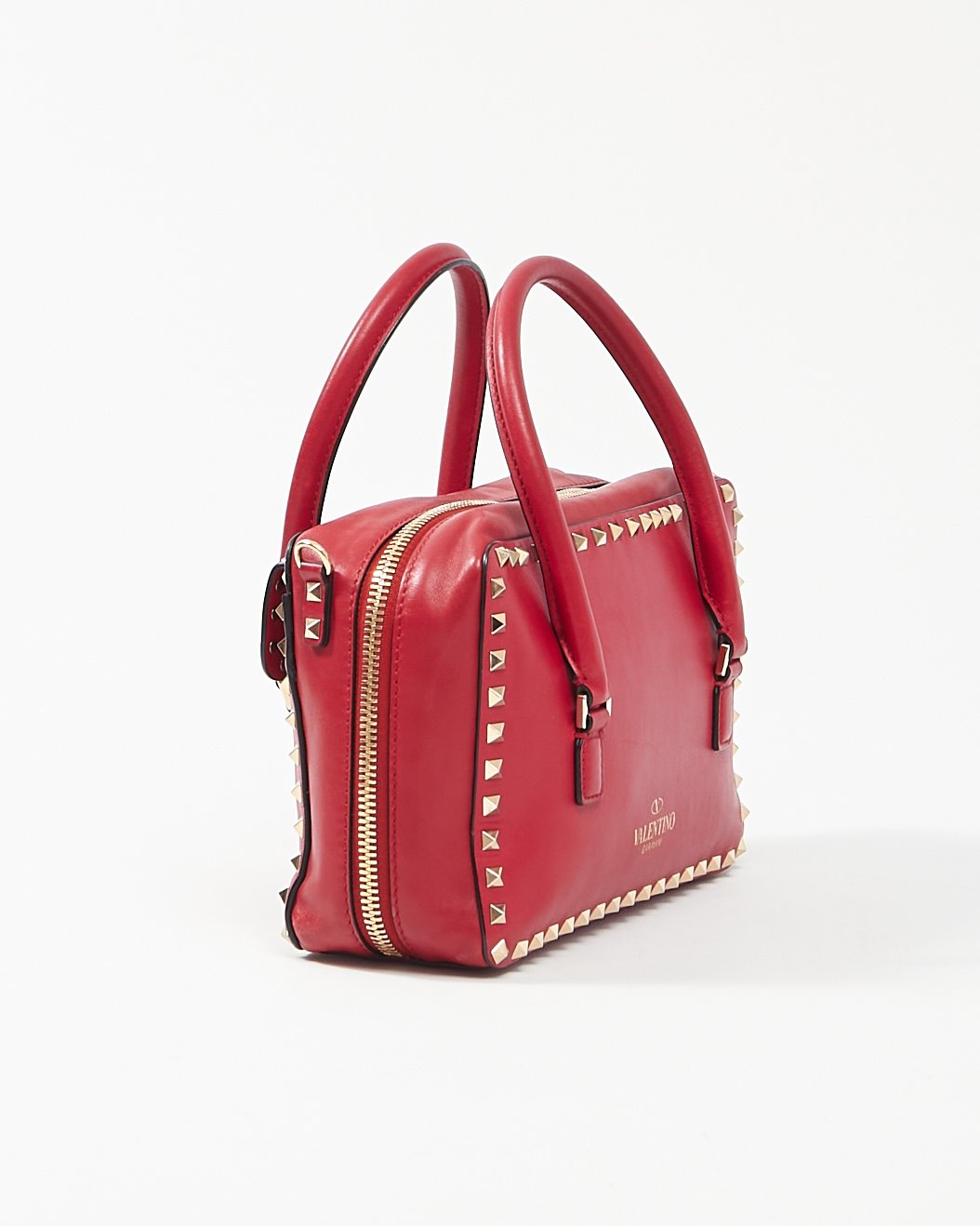 Valentino Red Leather Rockstud Top Handle Convertible Bag