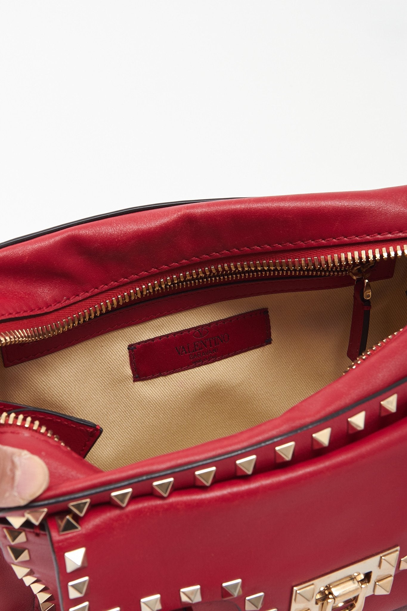 Valentino Red Leather Rockstud Top Handle Convertible Bag