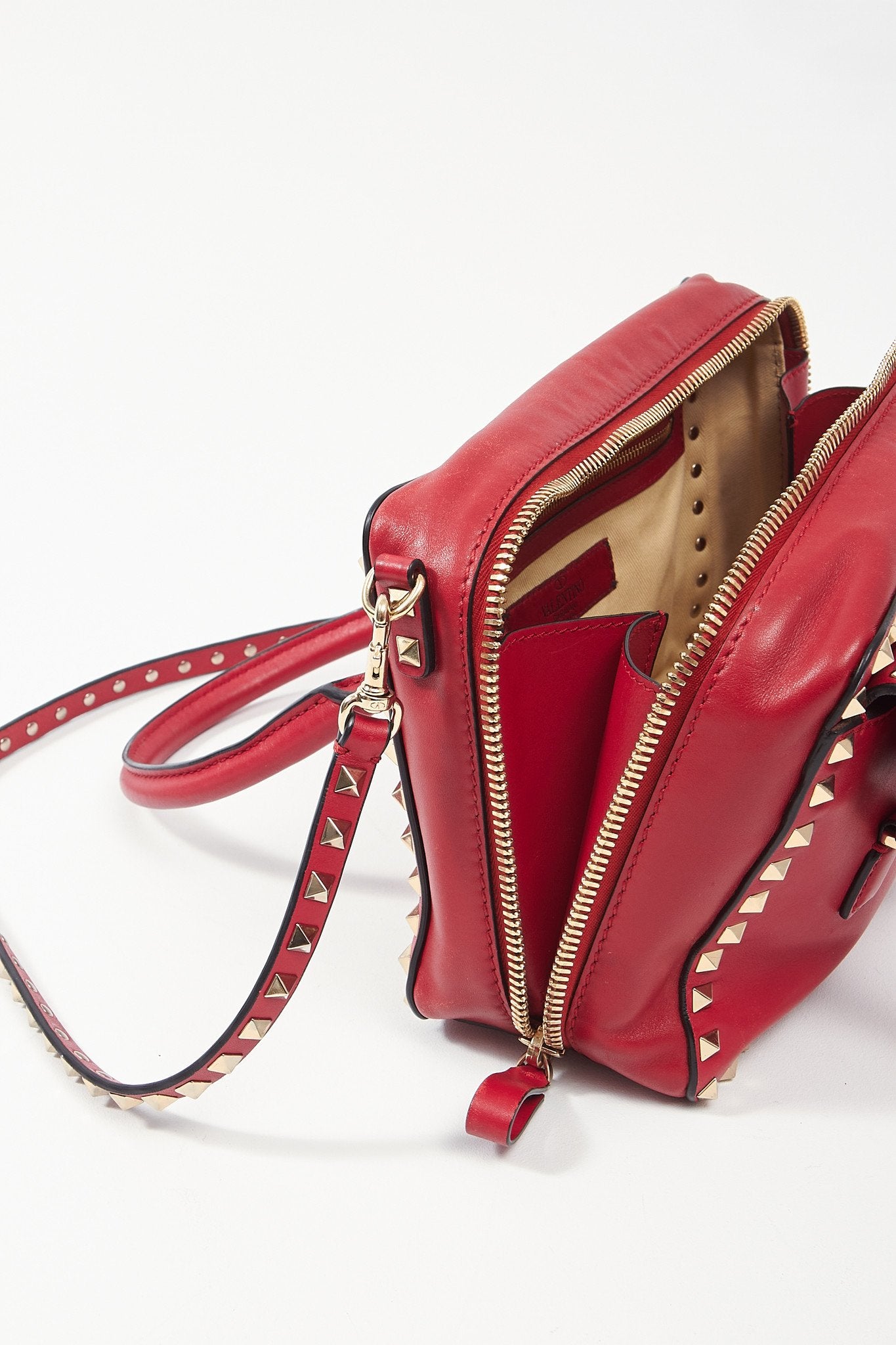 Valentino Red Leather Rockstud Top Handle Convertible Bag