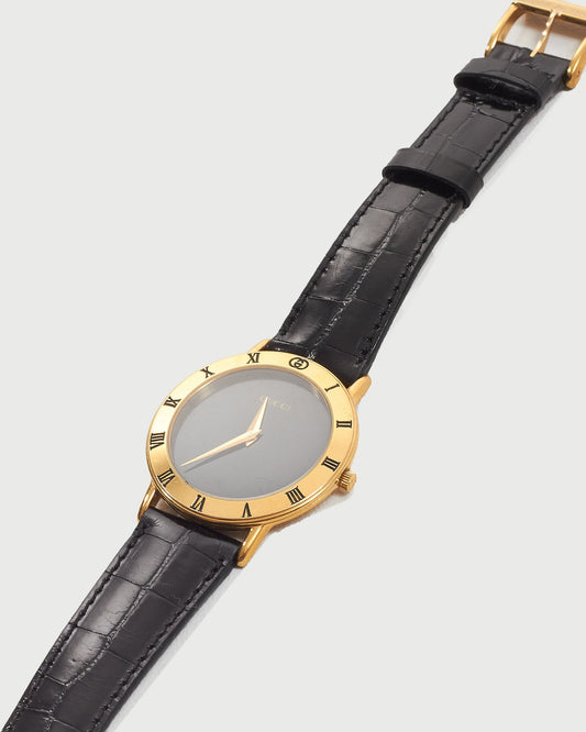 Gucci Vintage Gold / Black Alligator Leather Band Watch