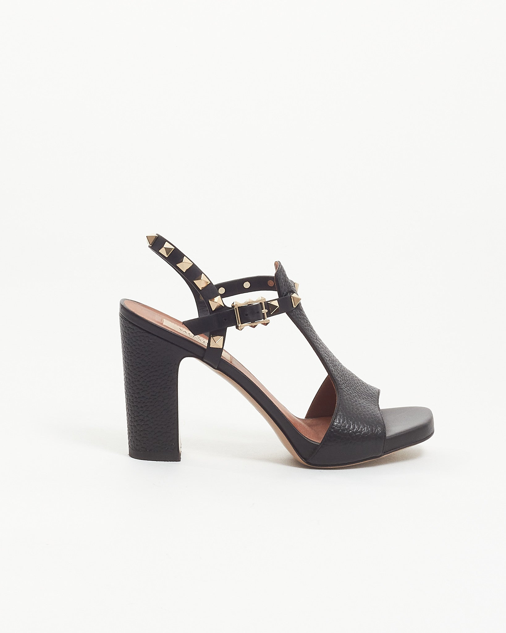 Valentino Black Leather Rockstud T-strap Block Heels - 35.5