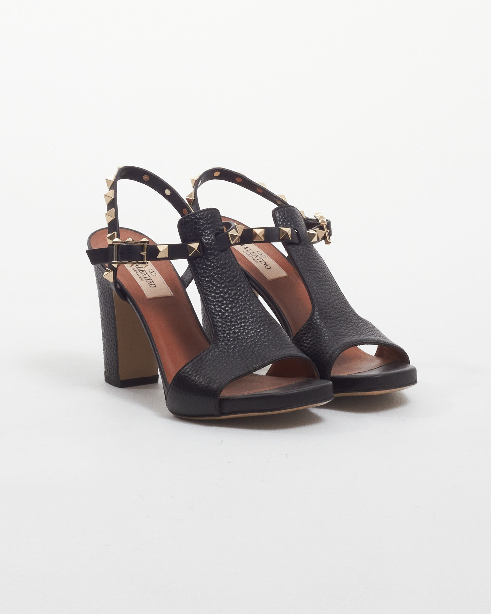 Valentino Black Leather Rockstud T-strap Block Heels - 35.5