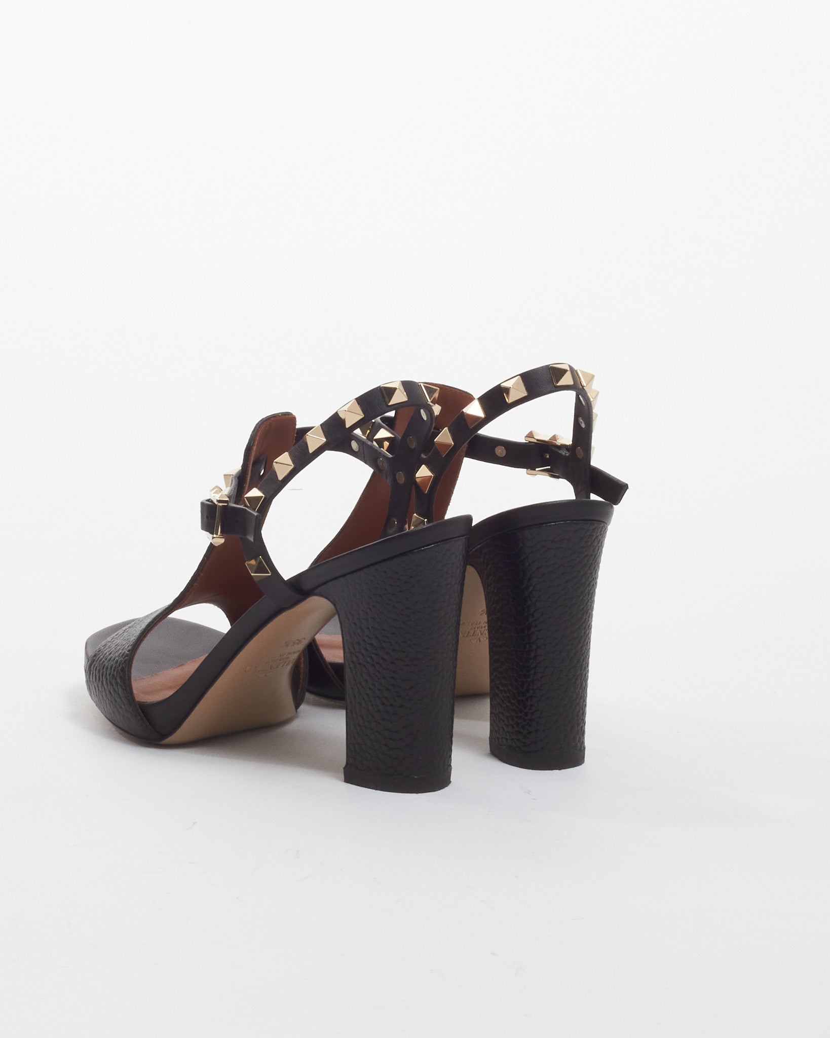 Valentino Black Leather Rockstud T-strap Block Heels - 35.5