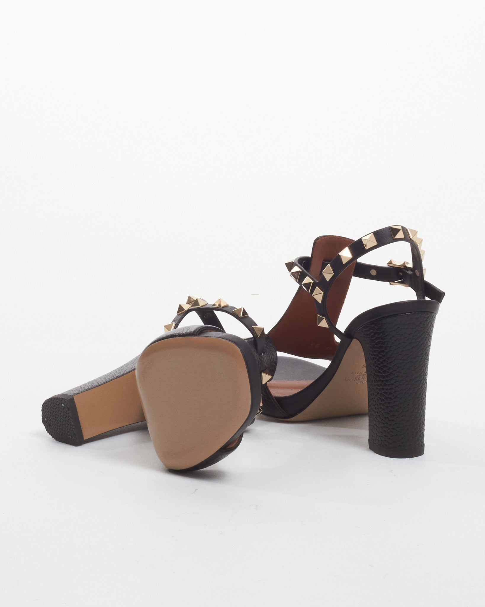 Valentino Black Leather Rockstud T-strap Block Heels - 35.5