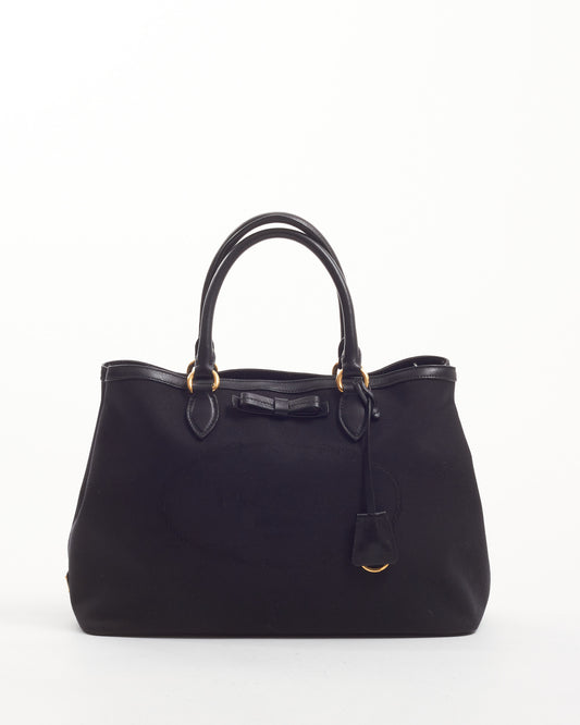 Prada Black Canvas Logo Bow Tote Bag