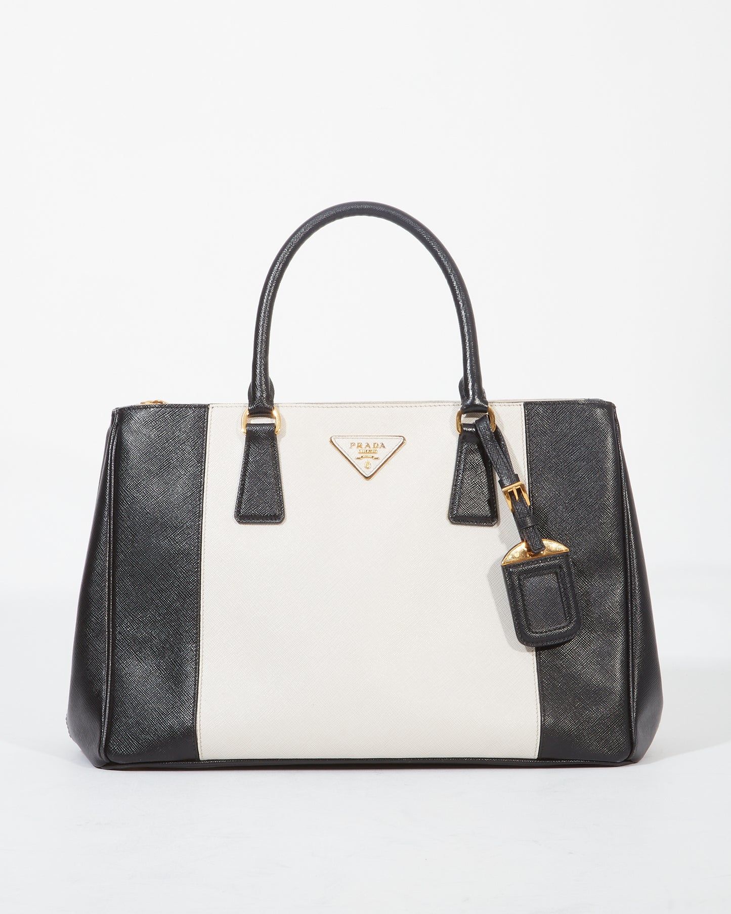 Prada Black/White Saffiano Leather Double Zip Galleria Tote Medium Bag