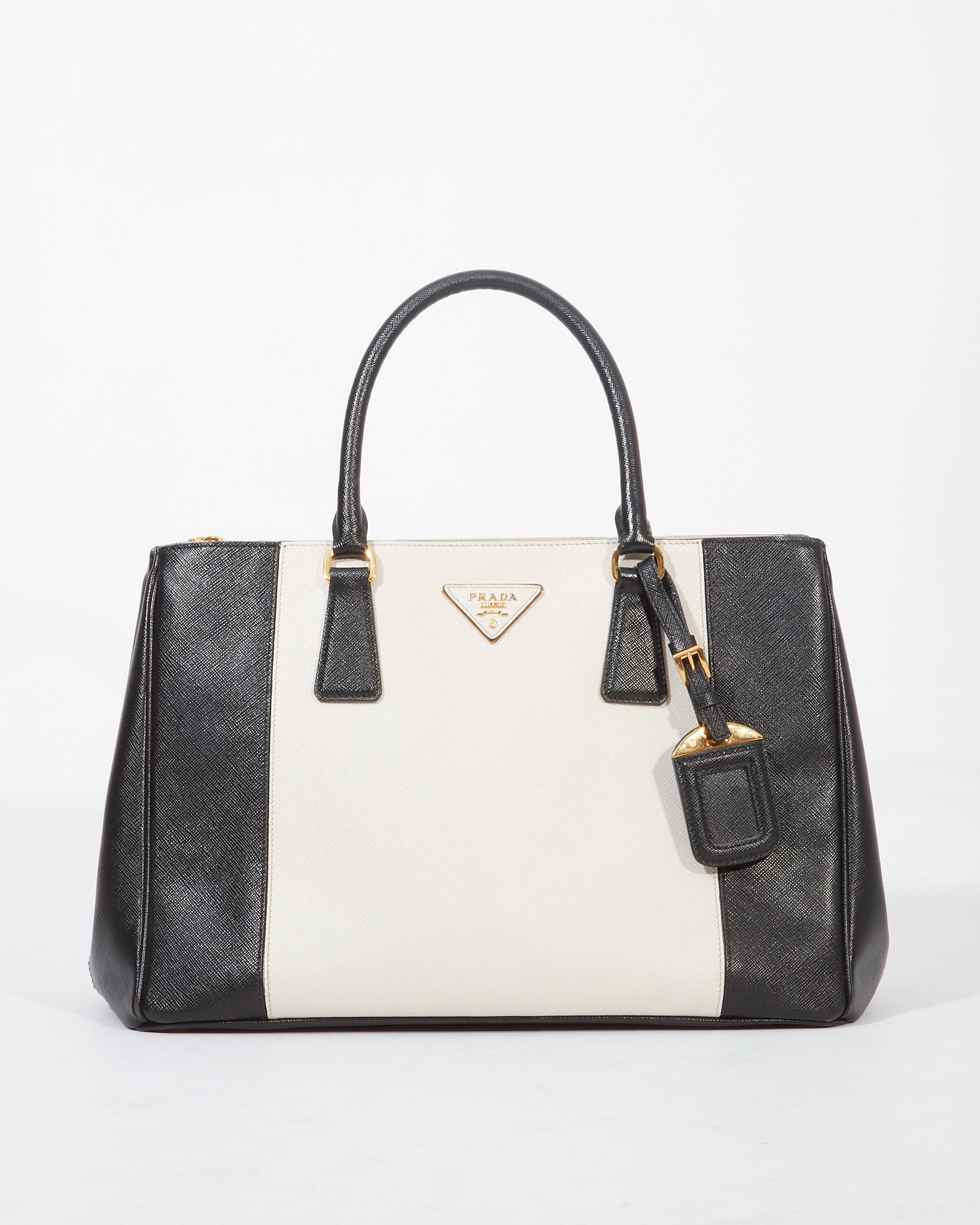 Prada Black/White Saffiano Leather Double Zip Galleria Tote Medium Bag