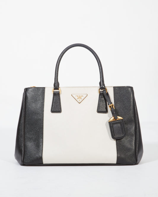 Prada Black/White Saffiano Leather Double Zip Galleria Tote Medium Bag