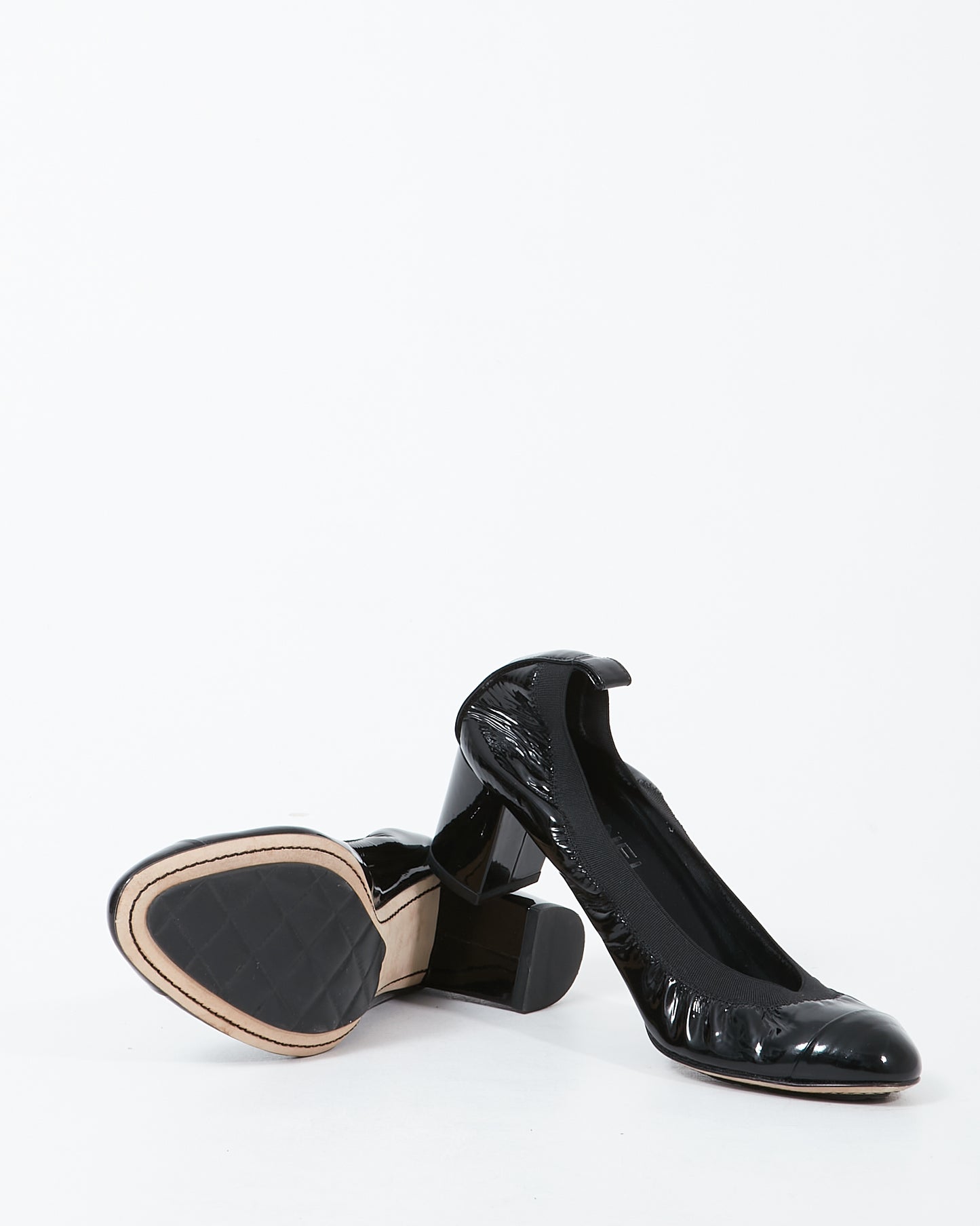 Chanel Black Patent Rounded Tip Pumps - 38.5