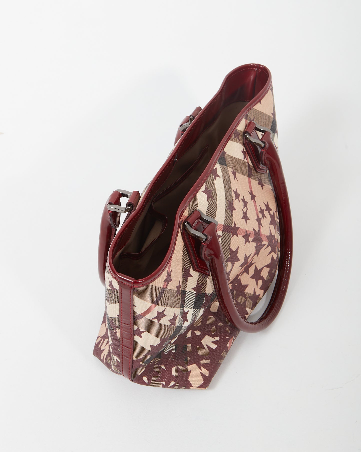 Burberry Burgundy/Beige Coated Canvas 
Patent Leather Star Tote Bag