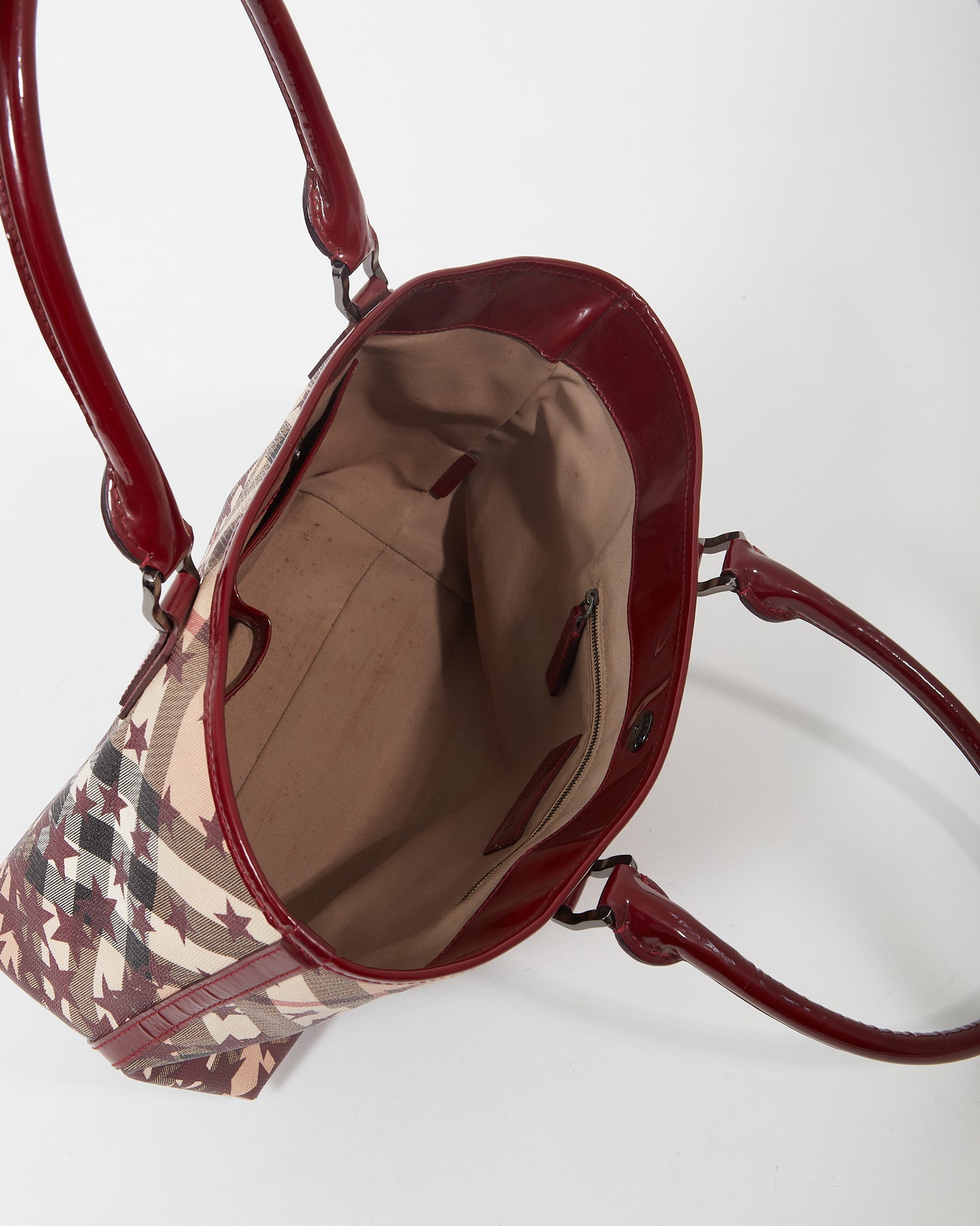 Burberry Burgundy/Beige Coated Canvas 
Patent Leather Star Tote Bag