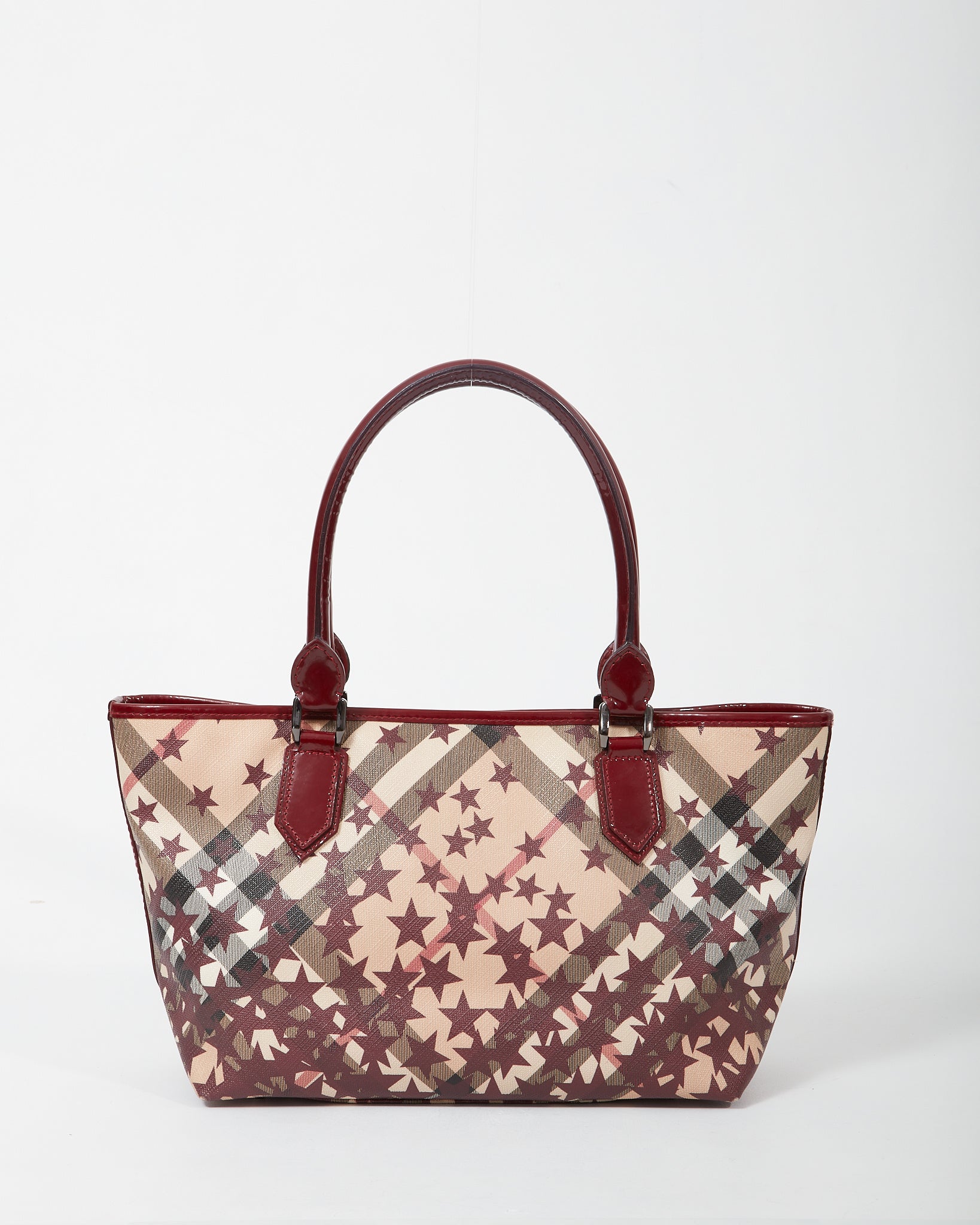 Burberry Burgundy/Beige Coated Canvas 
Patent Leather Star Tote Bag