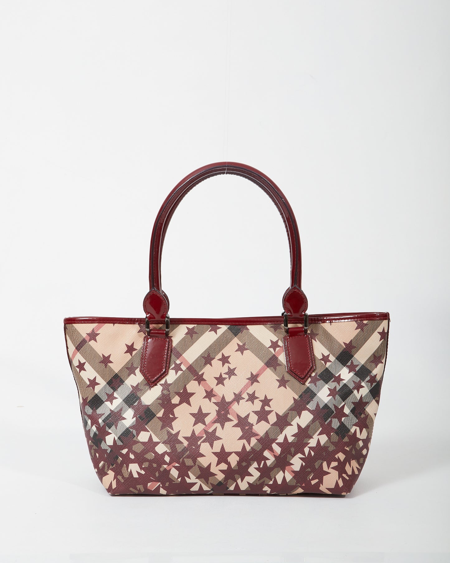 Burberry Burgundy/Beige Coated Canvas 
Patent Leather Star Tote Bag