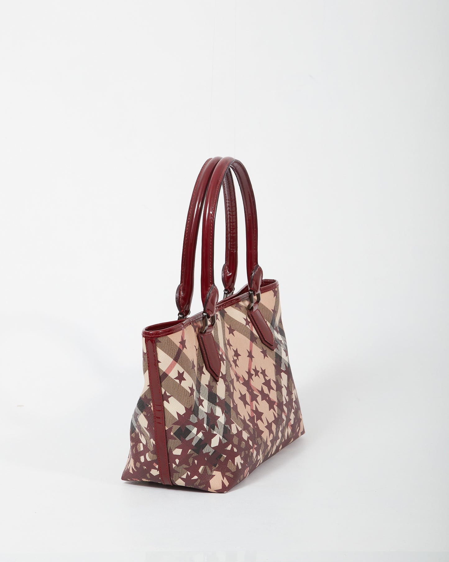 Burberry Burgundy/Beige Coated Canvas 
Patent Leather Star Tote Bag