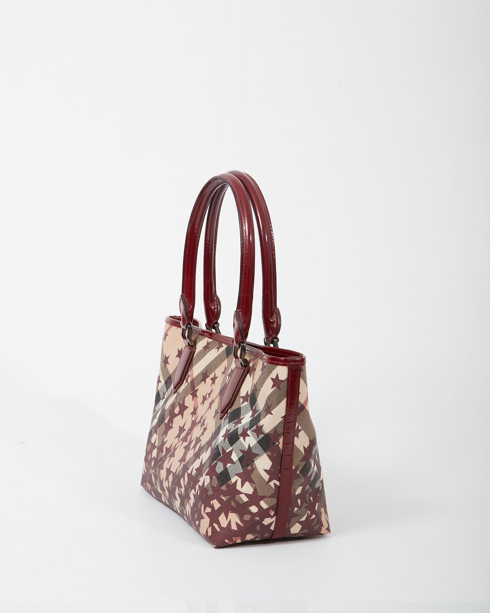 Burberry Burgundy/Beige Coated Canvas 
Patent Leather Star Tote Bag