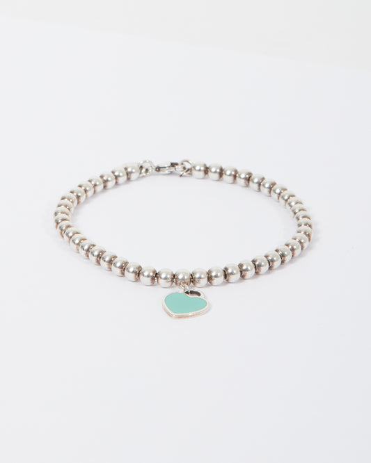 Tiffany 
Co Sterling Silver Return To Tiffany Beaded Bracelet with Enamel Heart Tag  Bracelet