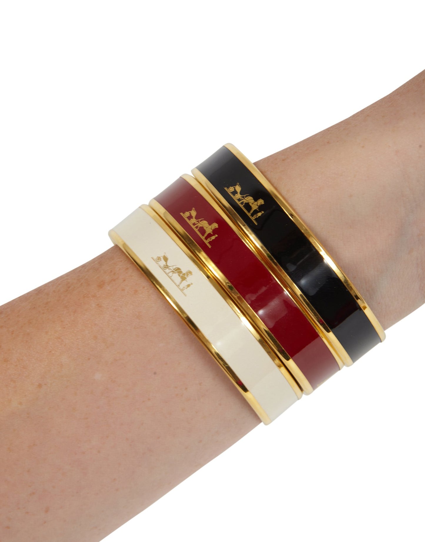 Hermès Red Logo Enamel Gold Plated Bangle Bracelet