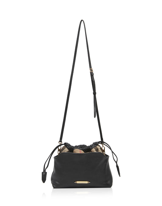 Burberry Black Leather and Check Little Crush Drawstring Shoulder Bag