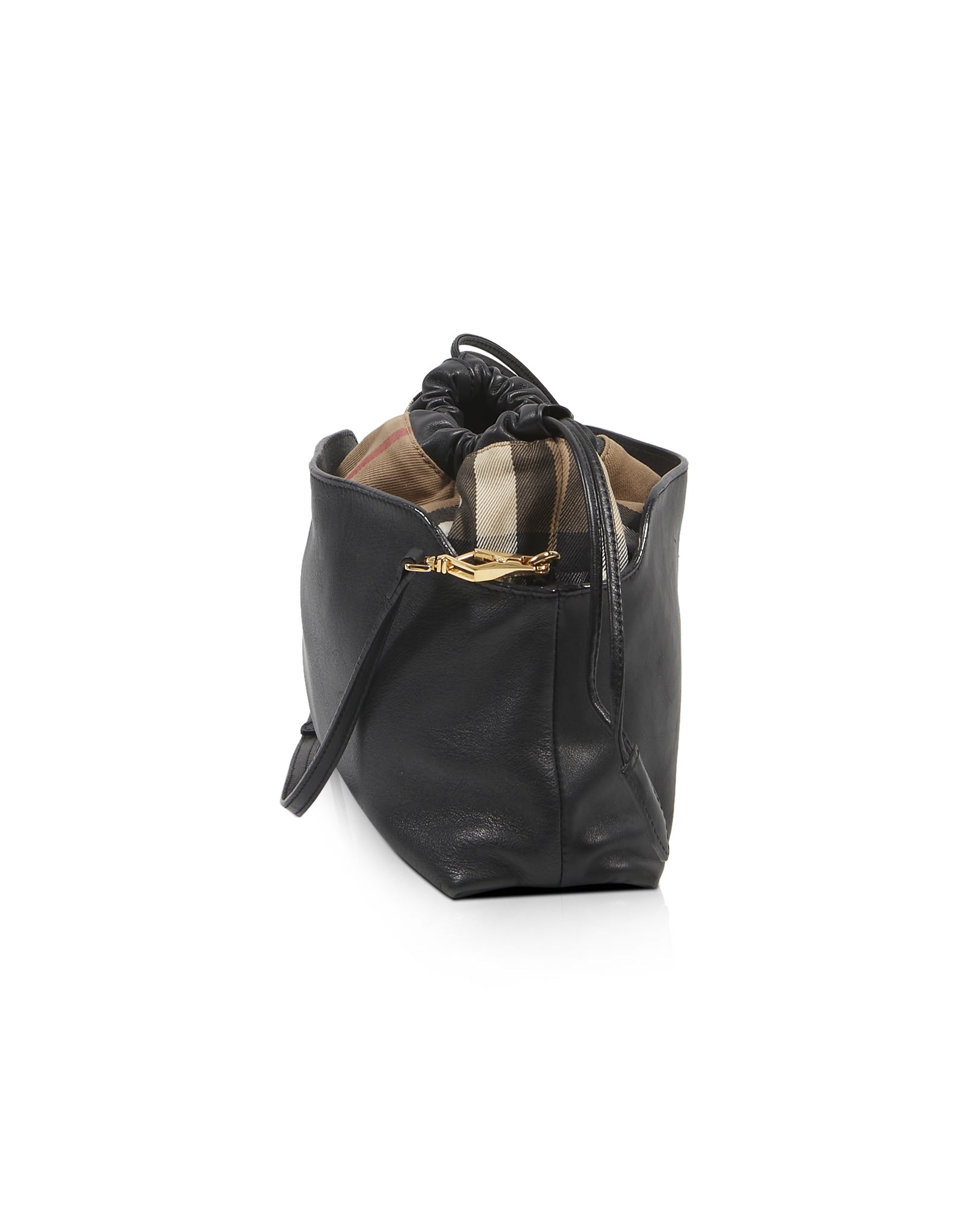 Burberry Black Leather and Check Little Crush Drawstring Shoulder Bag