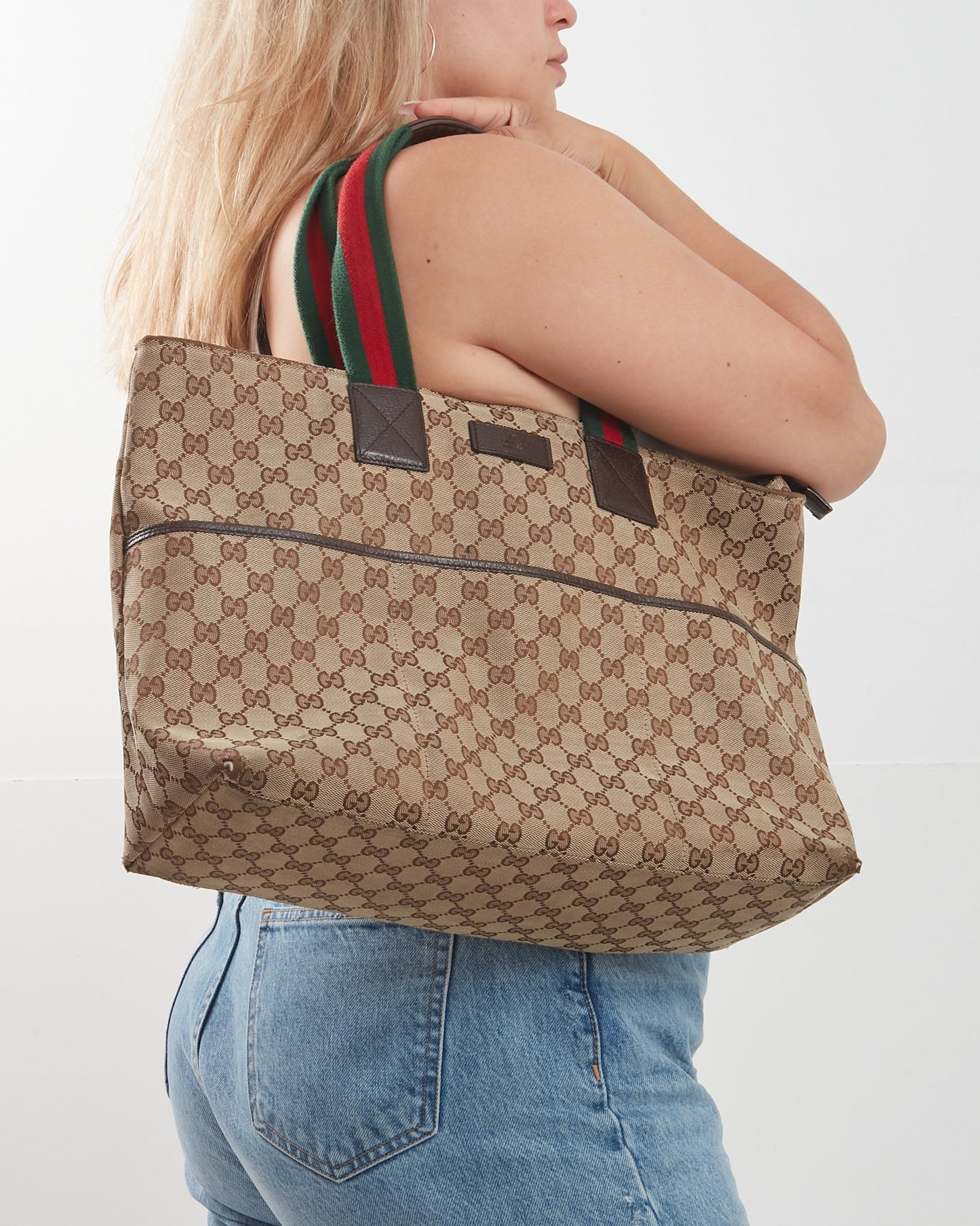 Gucci Brown Canvas Web Handle Diaper Zipper Tote Bag