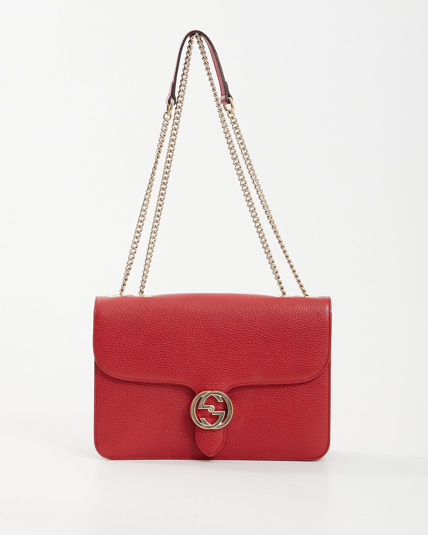 Gucci Red Pebbled Leather Interlocking GG Large Chain Bag