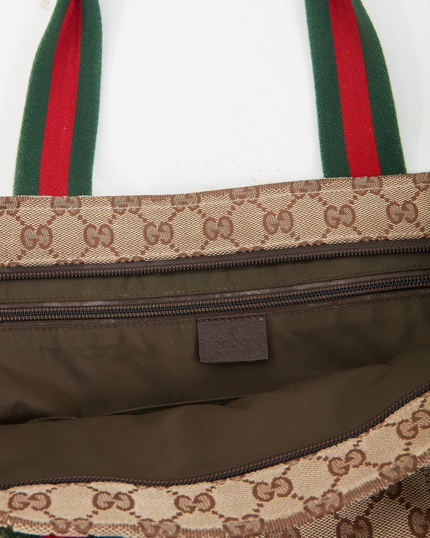 Gucci Brown Canvas Web Handle Diaper Zipper Tote Bag