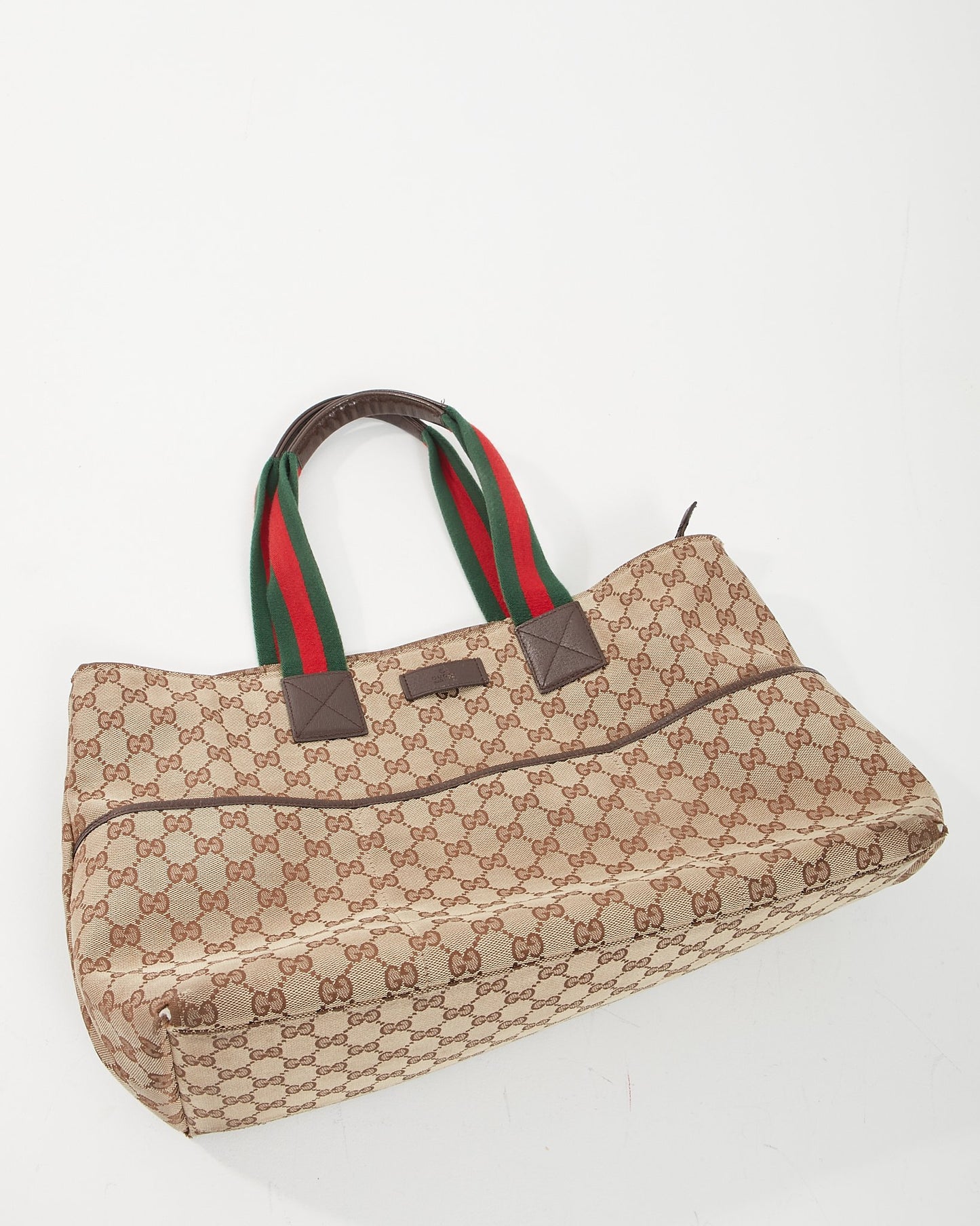 Gucci Brown Canvas Web Handle Diaper Zipper Tote Bag