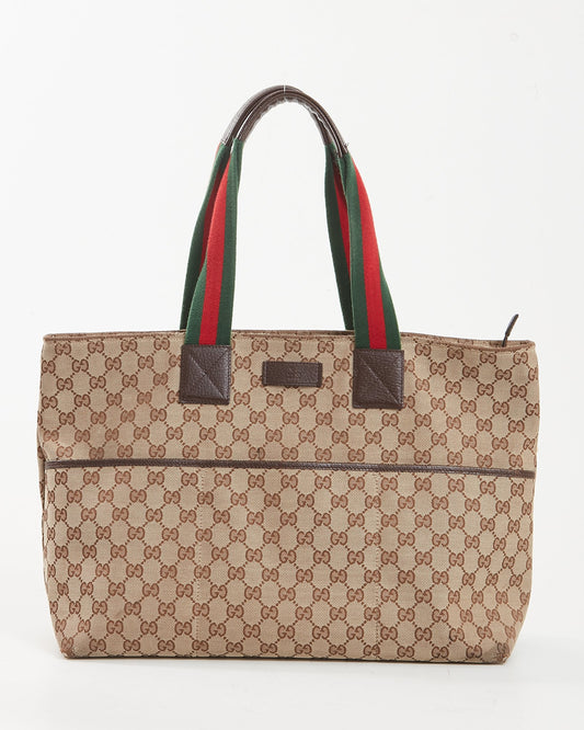 Gucci Brown Canvas Web Handle Diaper Zipper Tote Bag