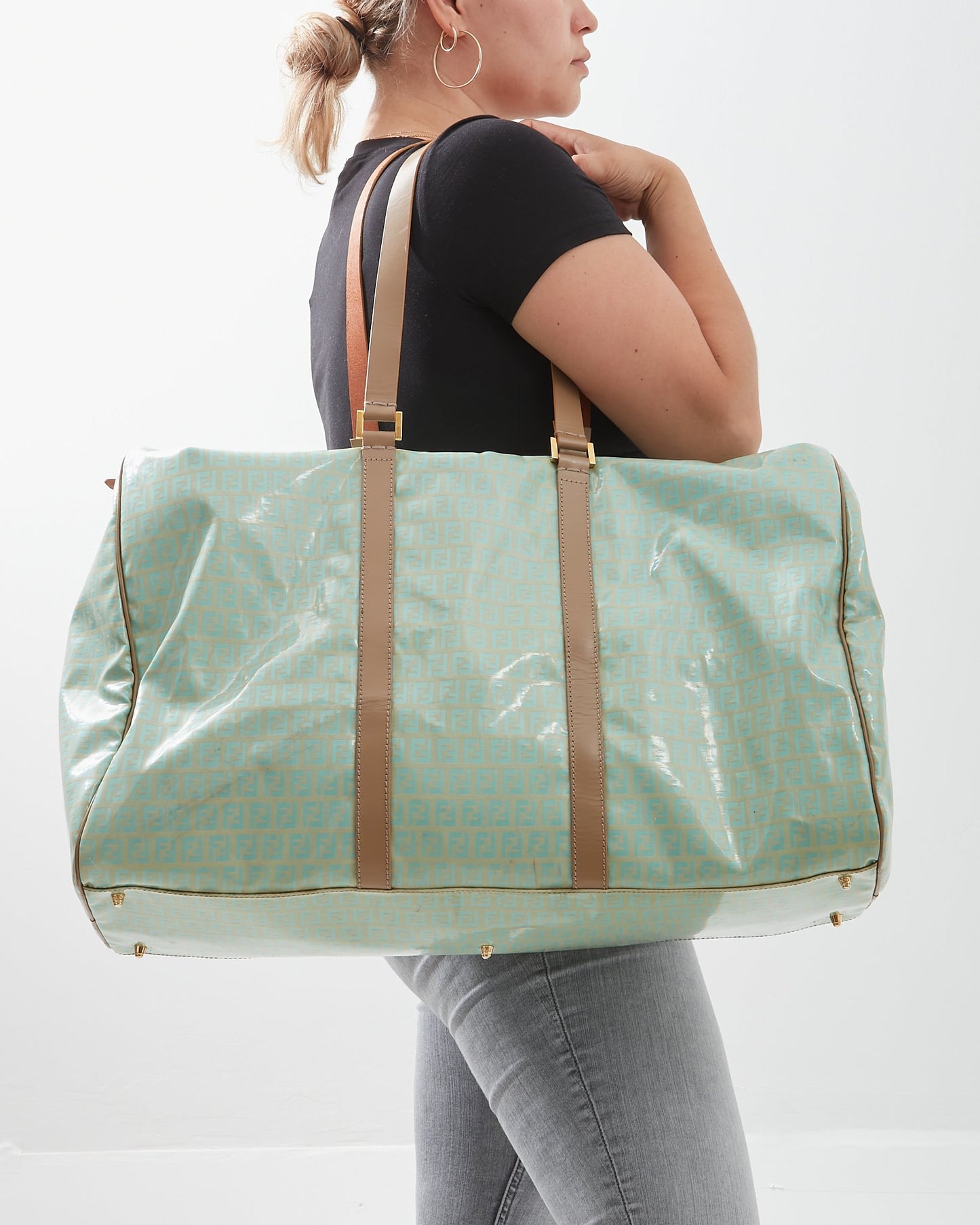 Sac de voyage en toile enduite turquoise Fendi