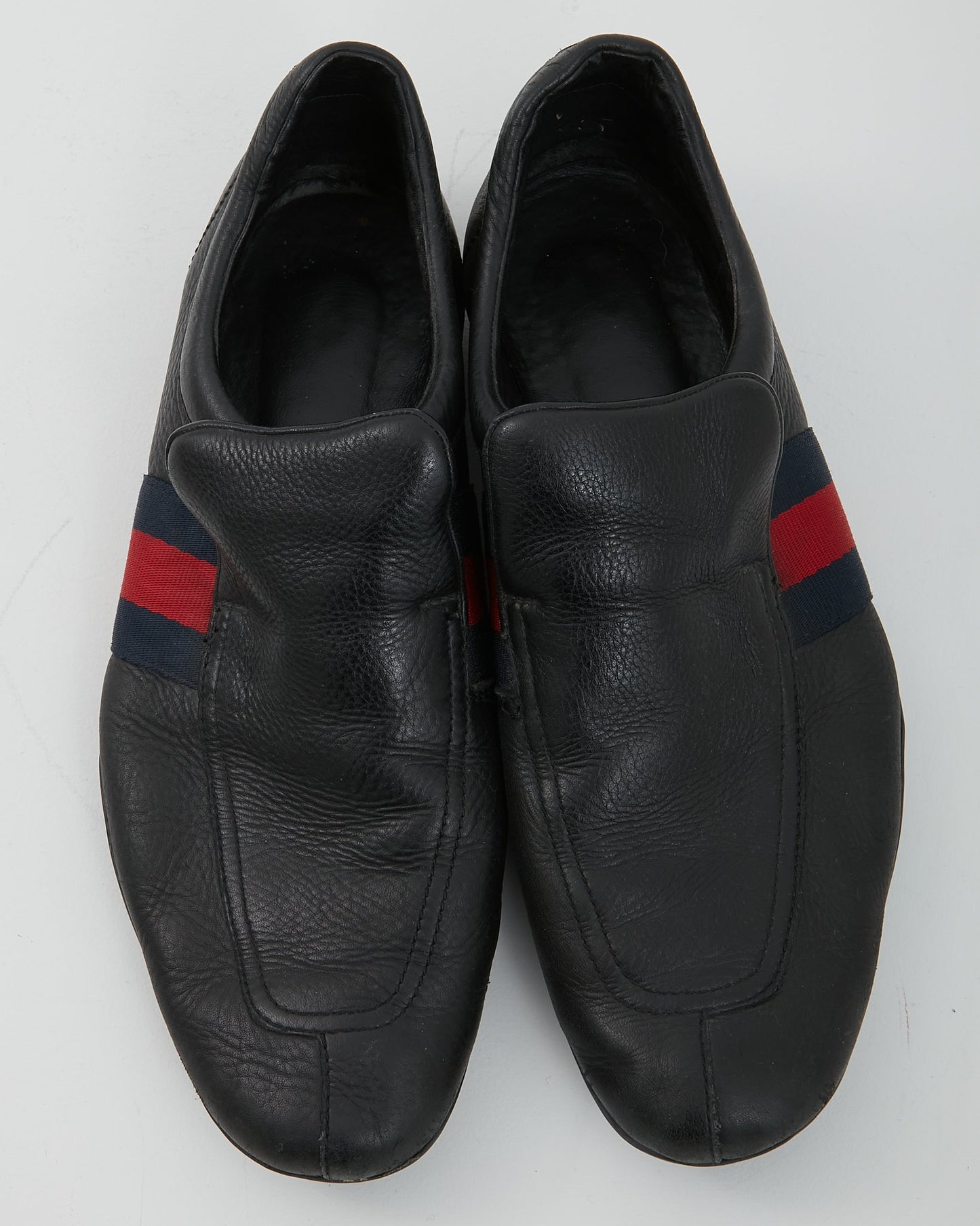 Gucci Black Leather Web Slip On Loafers - 11