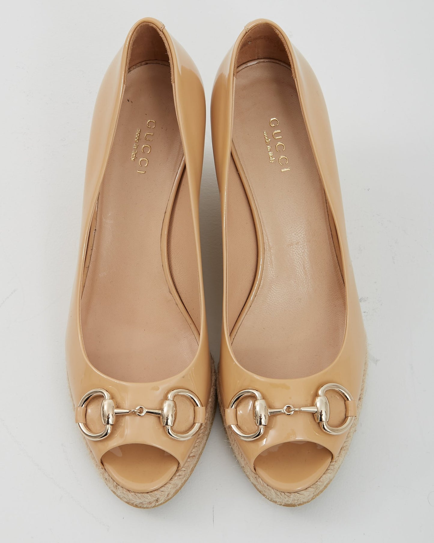 Gucci Beige Patent Leather Horsebit Wedges - 36.5