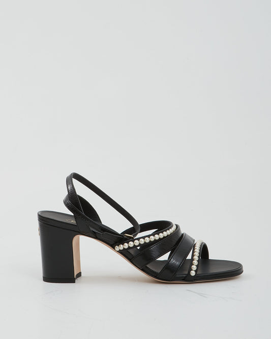 Talon sandale à bride en cuir noir Chanel avec perles - 39,5