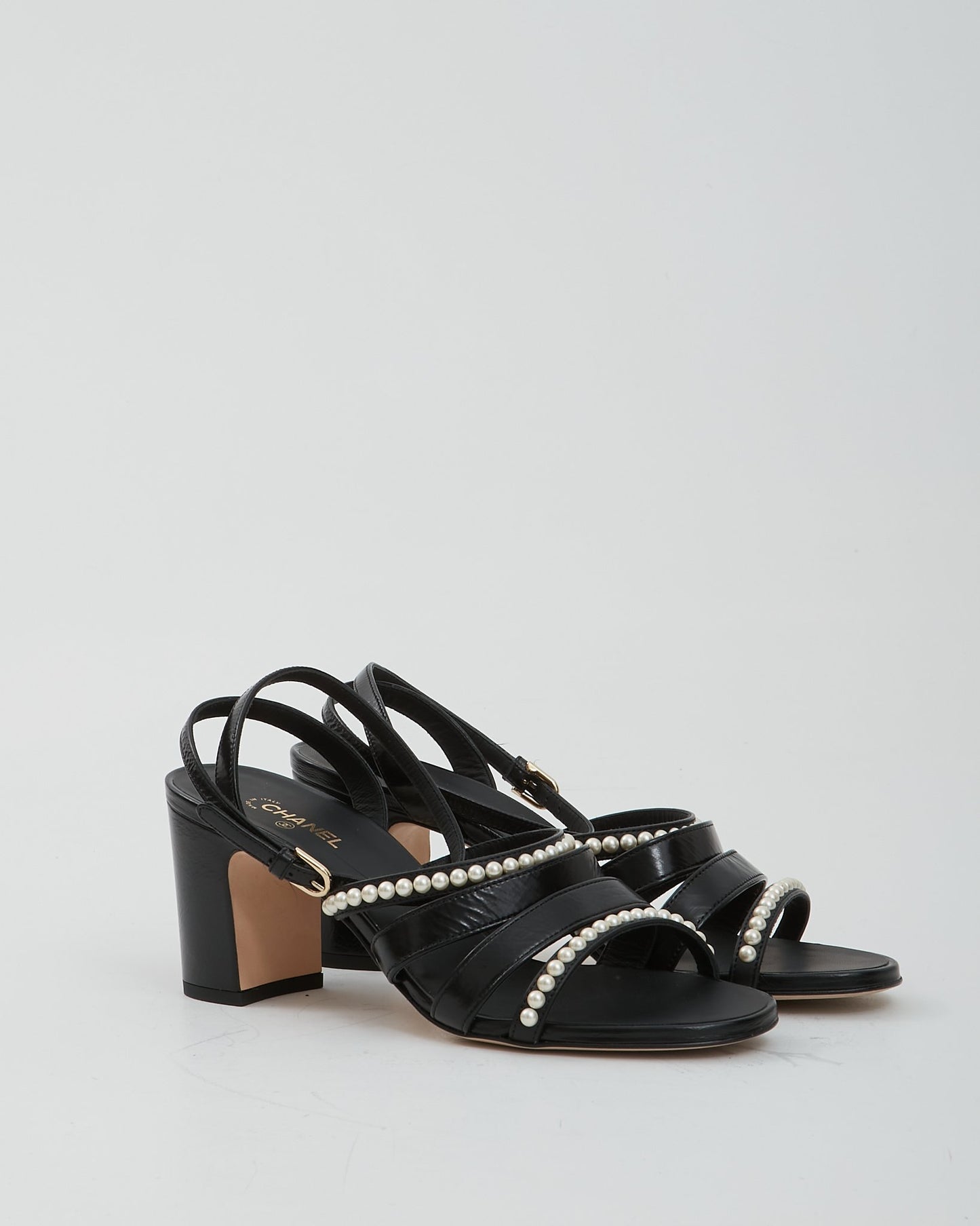 Chanel Black Leather With Pearls Strap Sandal Heel - 39.5