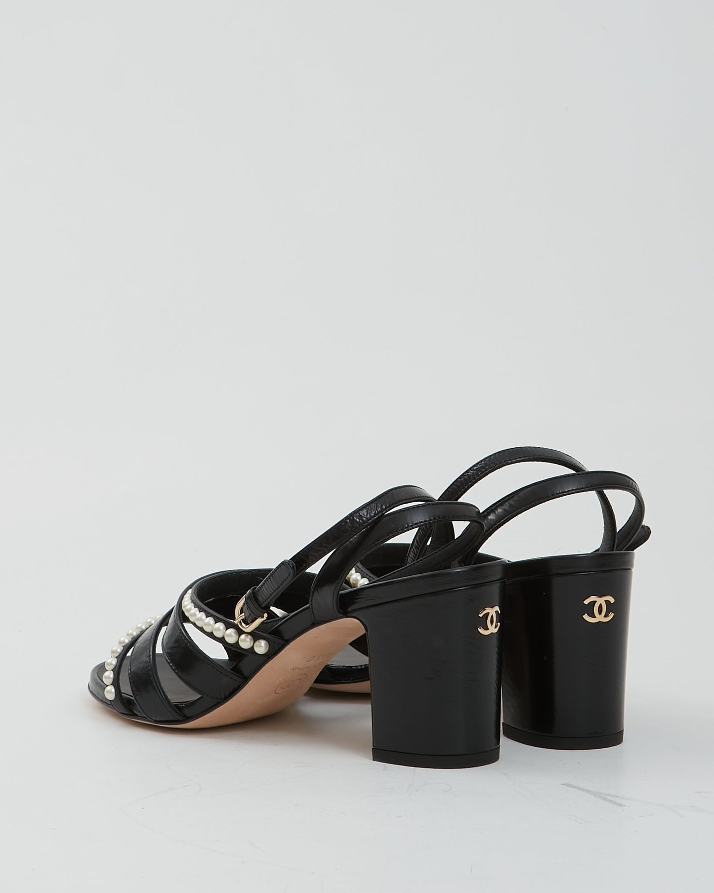 Chanel Black Leather With Pearls Strap Sandal Heel - 39.5