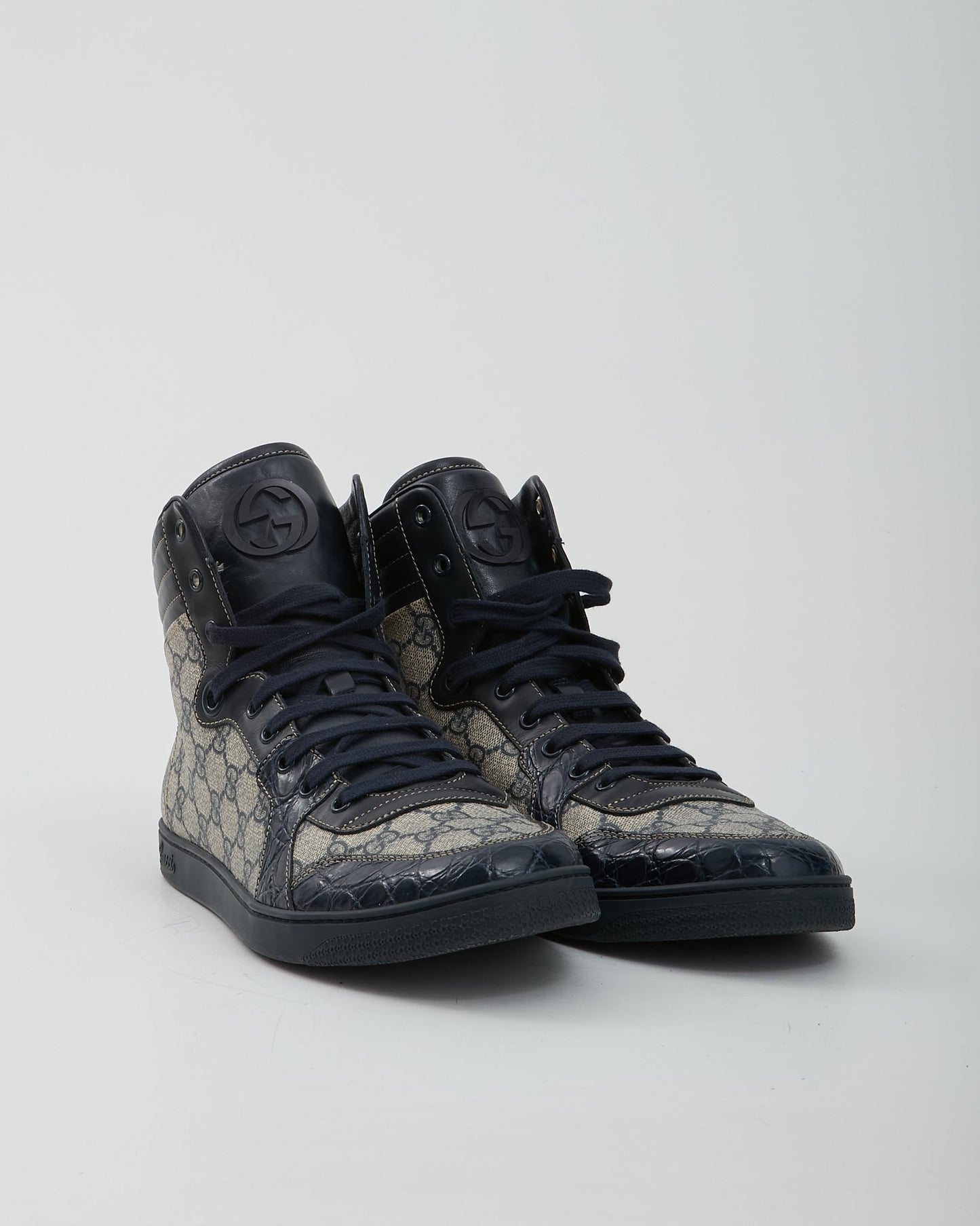 Gucci Navy Canvas/Croc Leather GG High Top Sneaker - 12