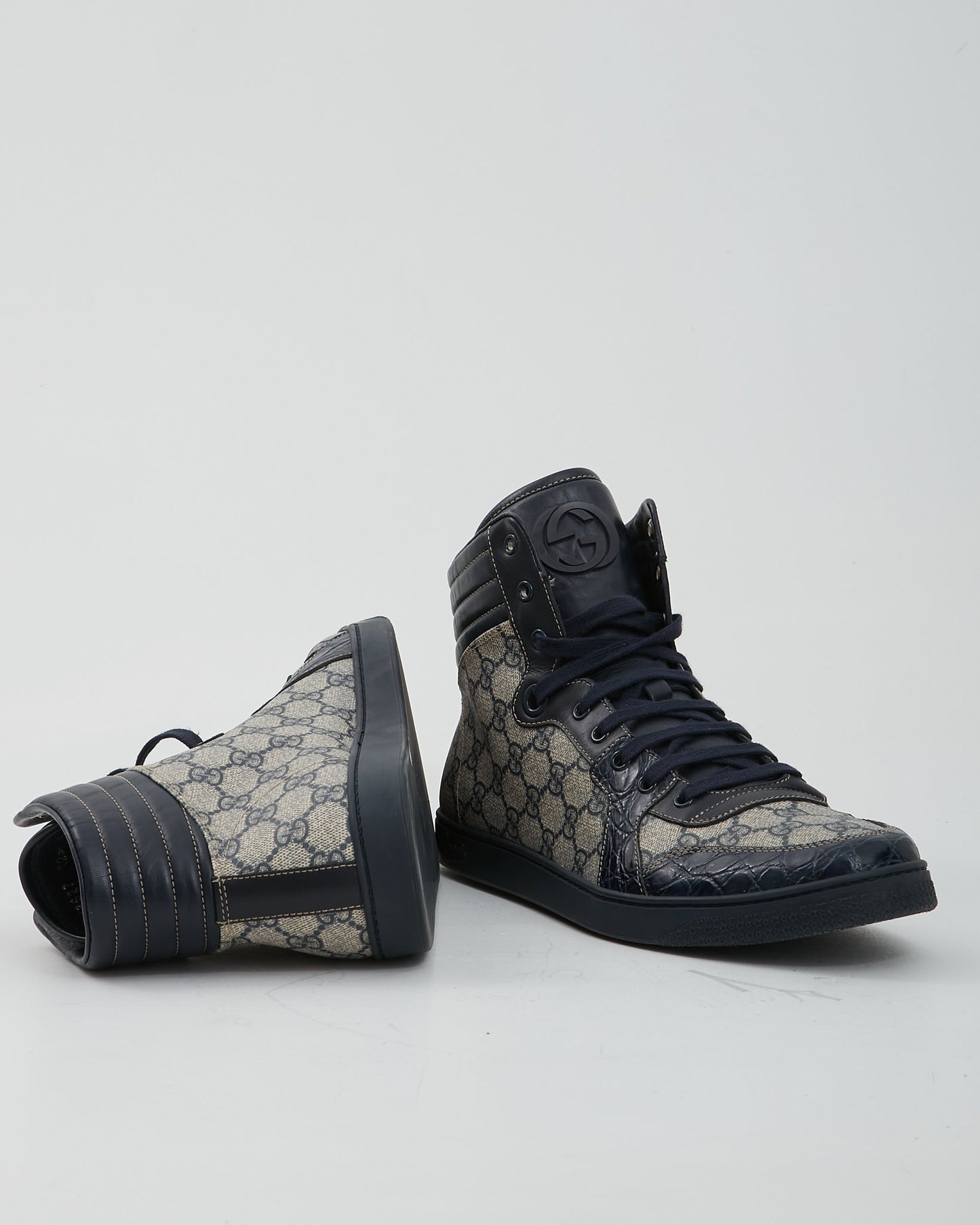 Gucci Navy Canvas/Croc Leather GG High Top Sneaker - 12