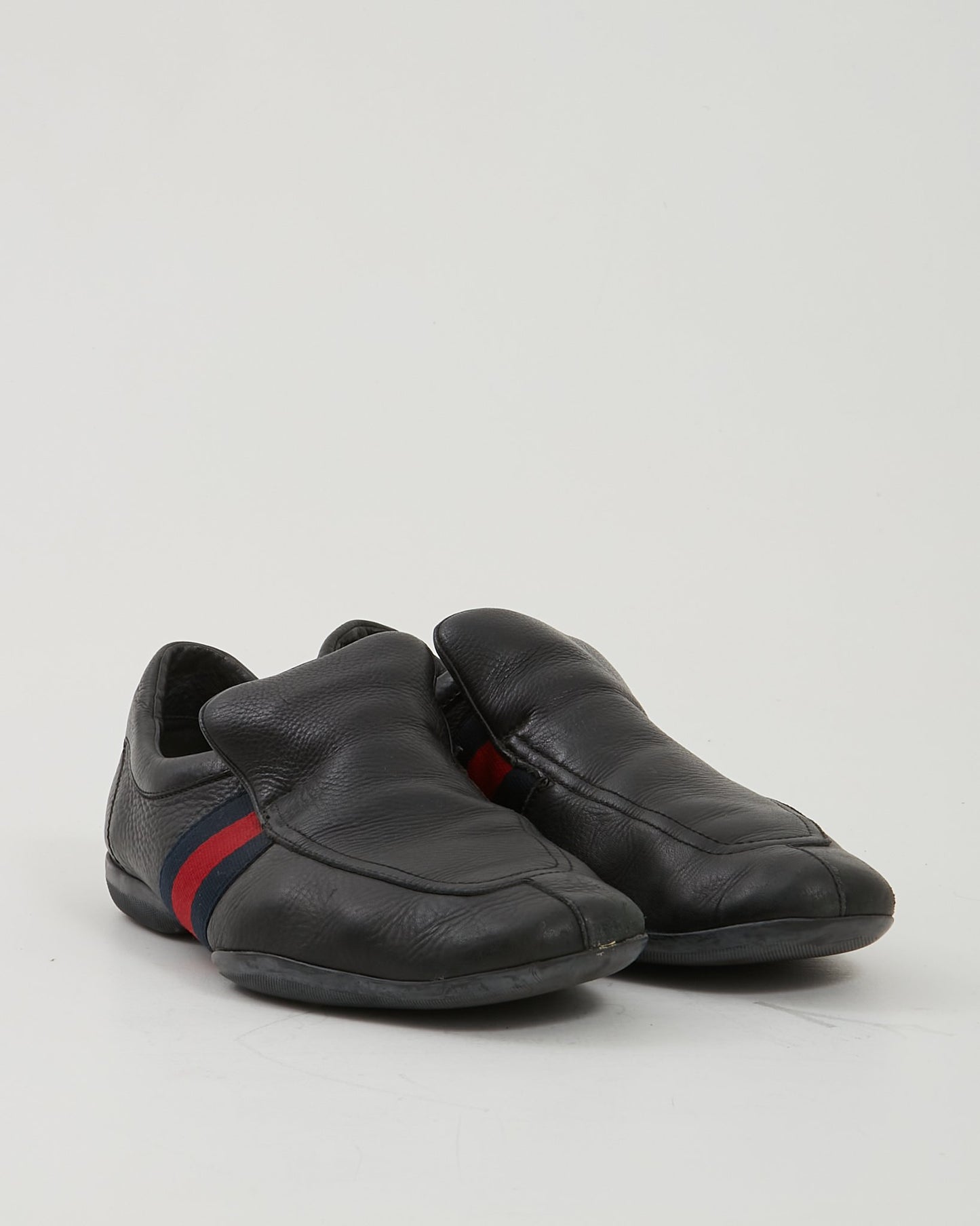 Gucci Black Leather Web Slip On Loafers - 11