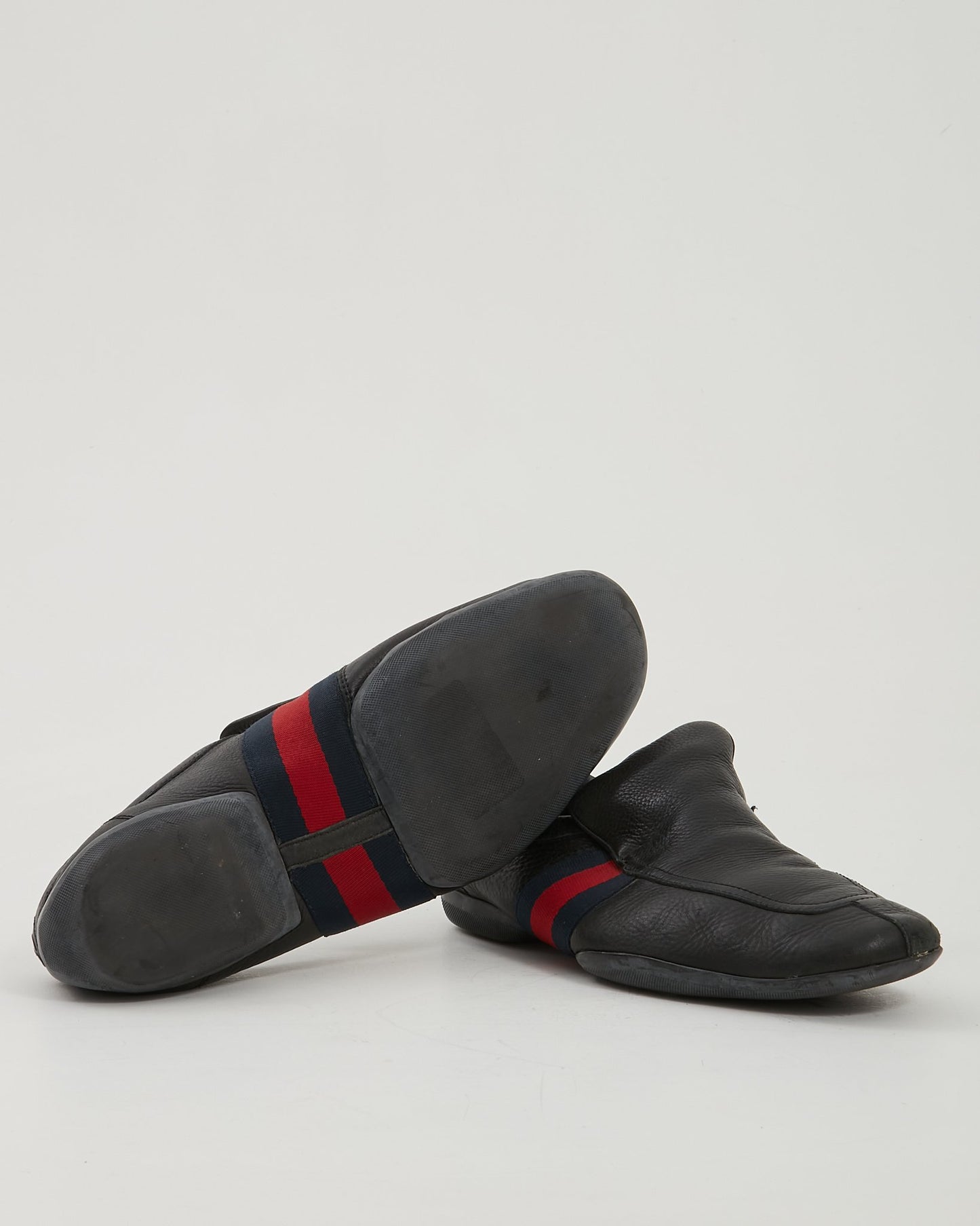 Gucci Black Leather Web Slip On Loafers - 11