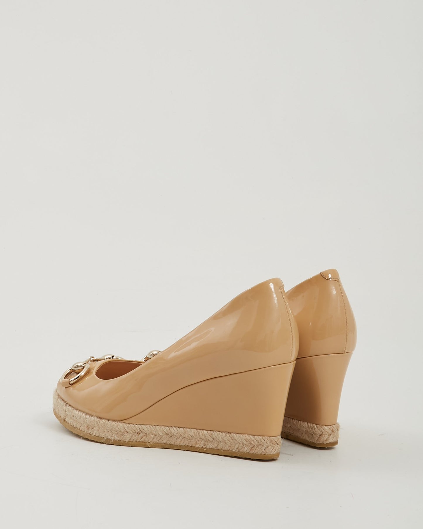 Gucci Beige Patent Leather Horsebit Wedges - 36.5