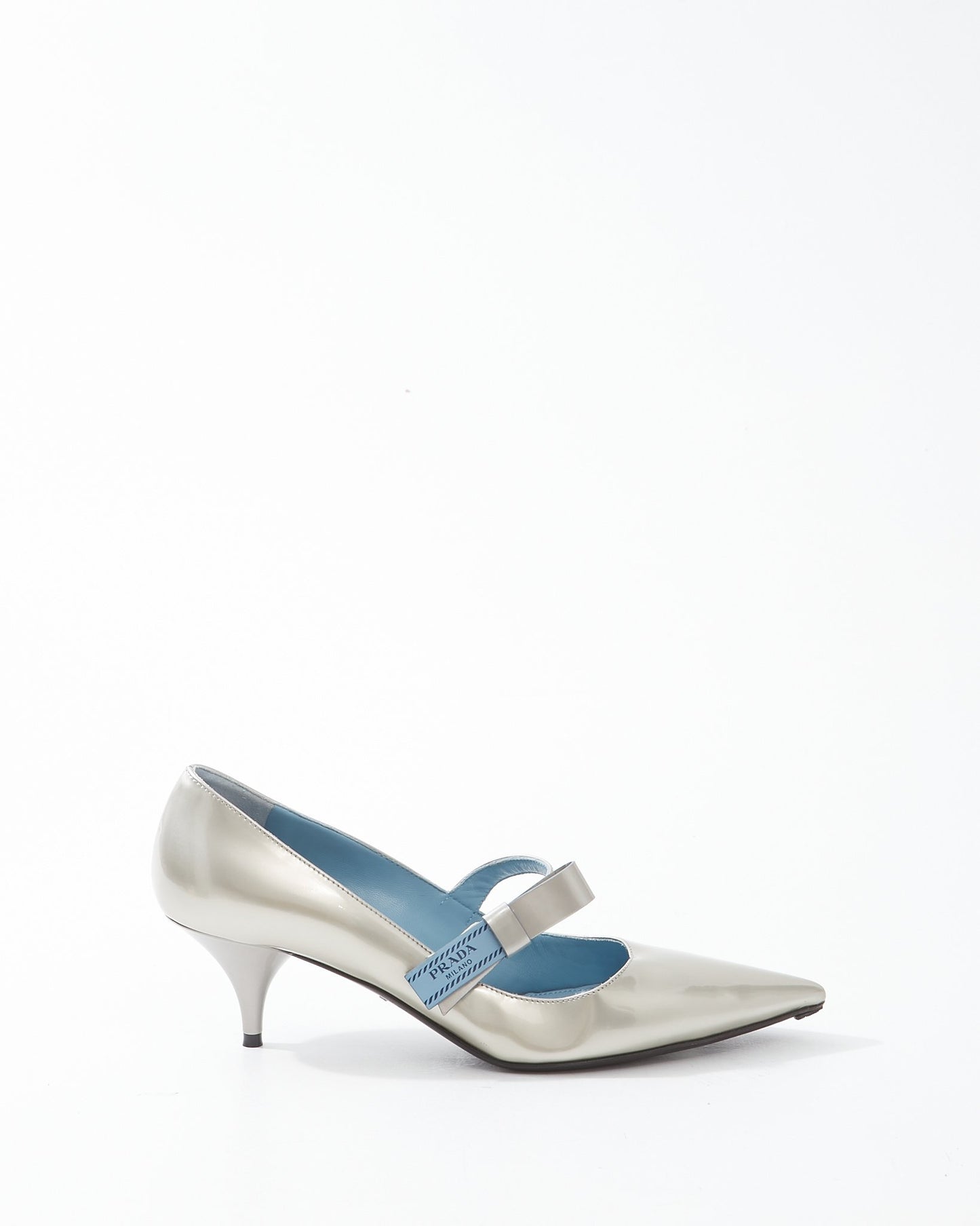 Prada Silver Patent Leather Logo Strap Kitten Heel - 39