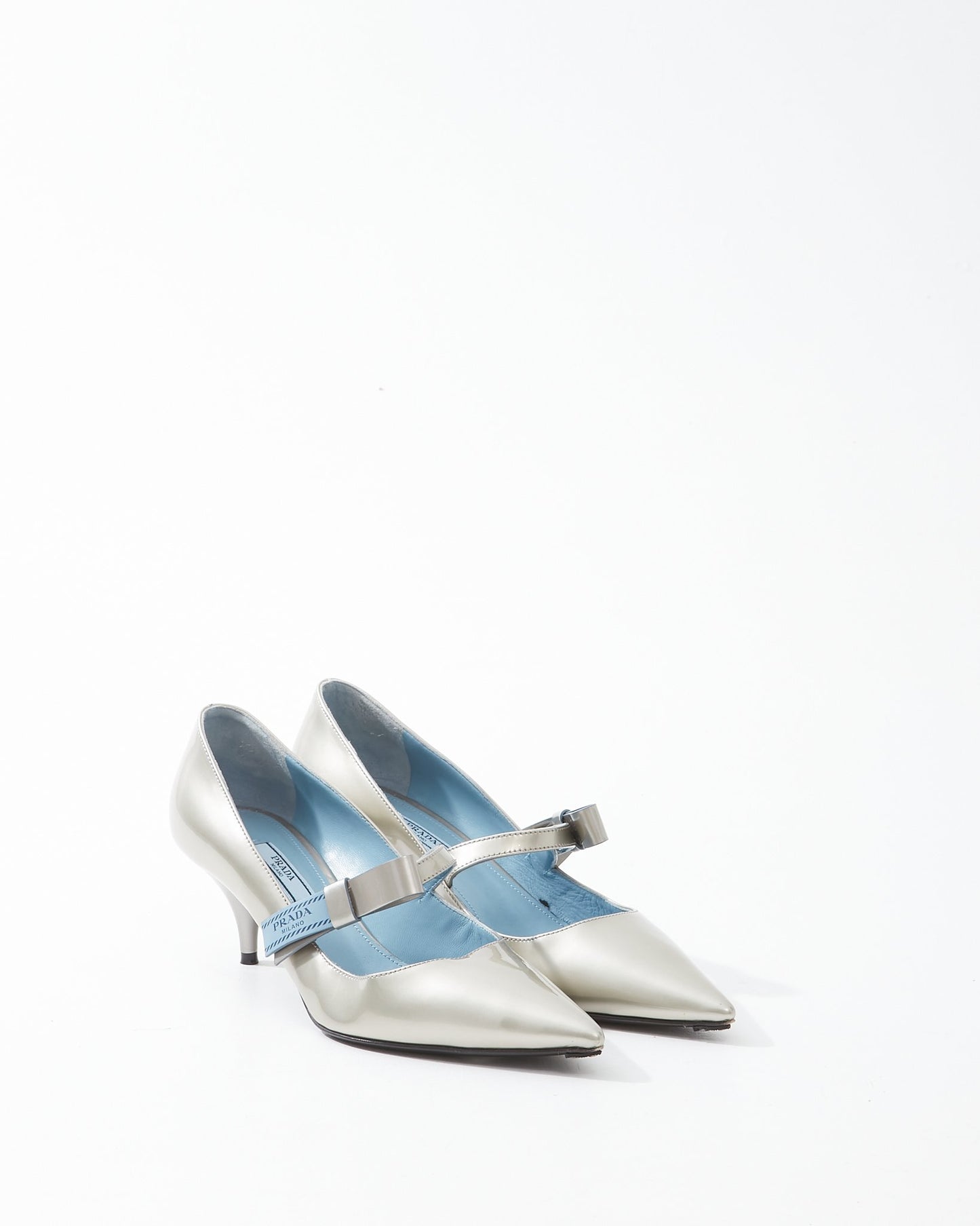 Prada Silver Patent Leather Logo Strap Kitten Heel - 39