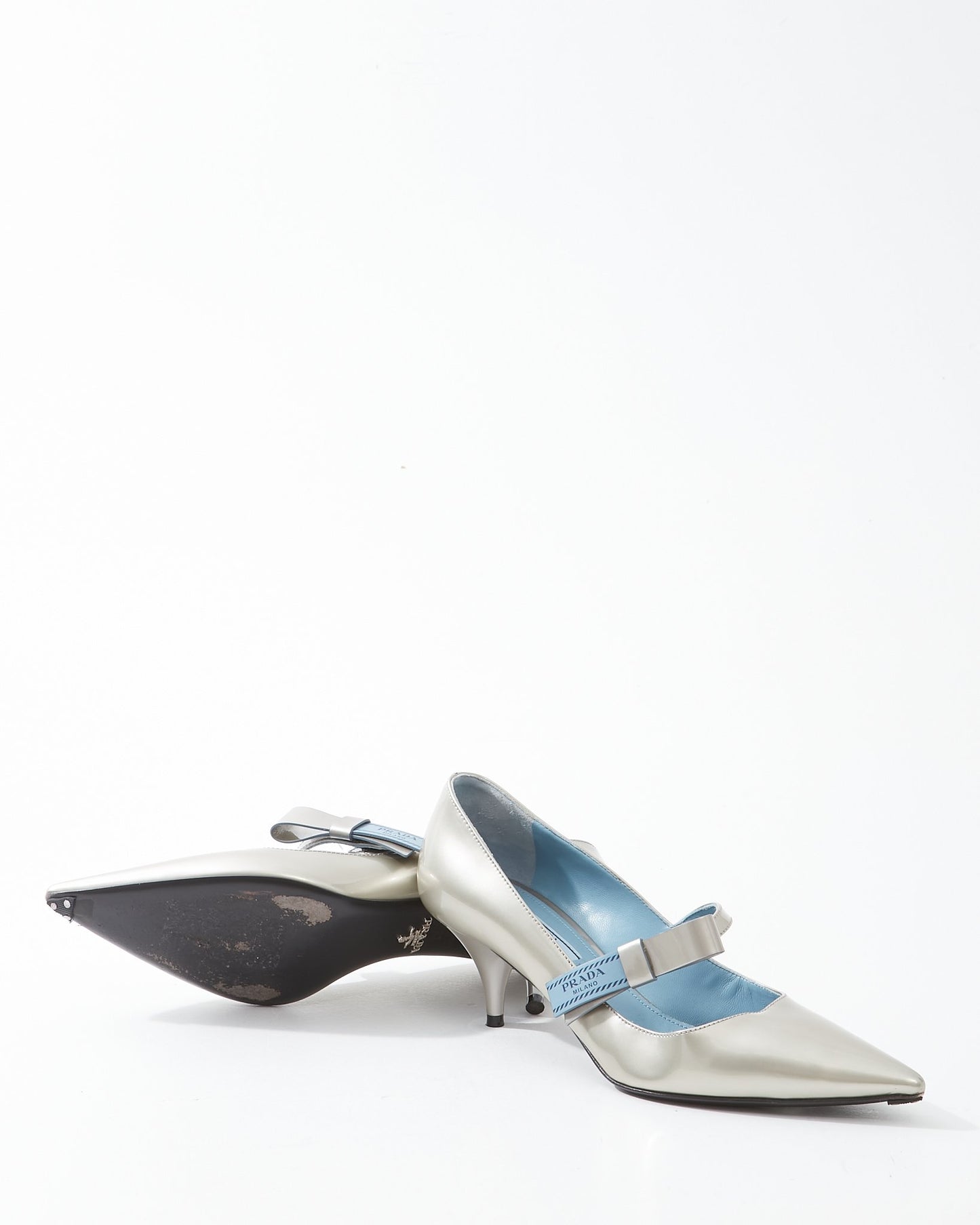 Prada Silver Patent Leather Logo Strap Kitten Heel - 39