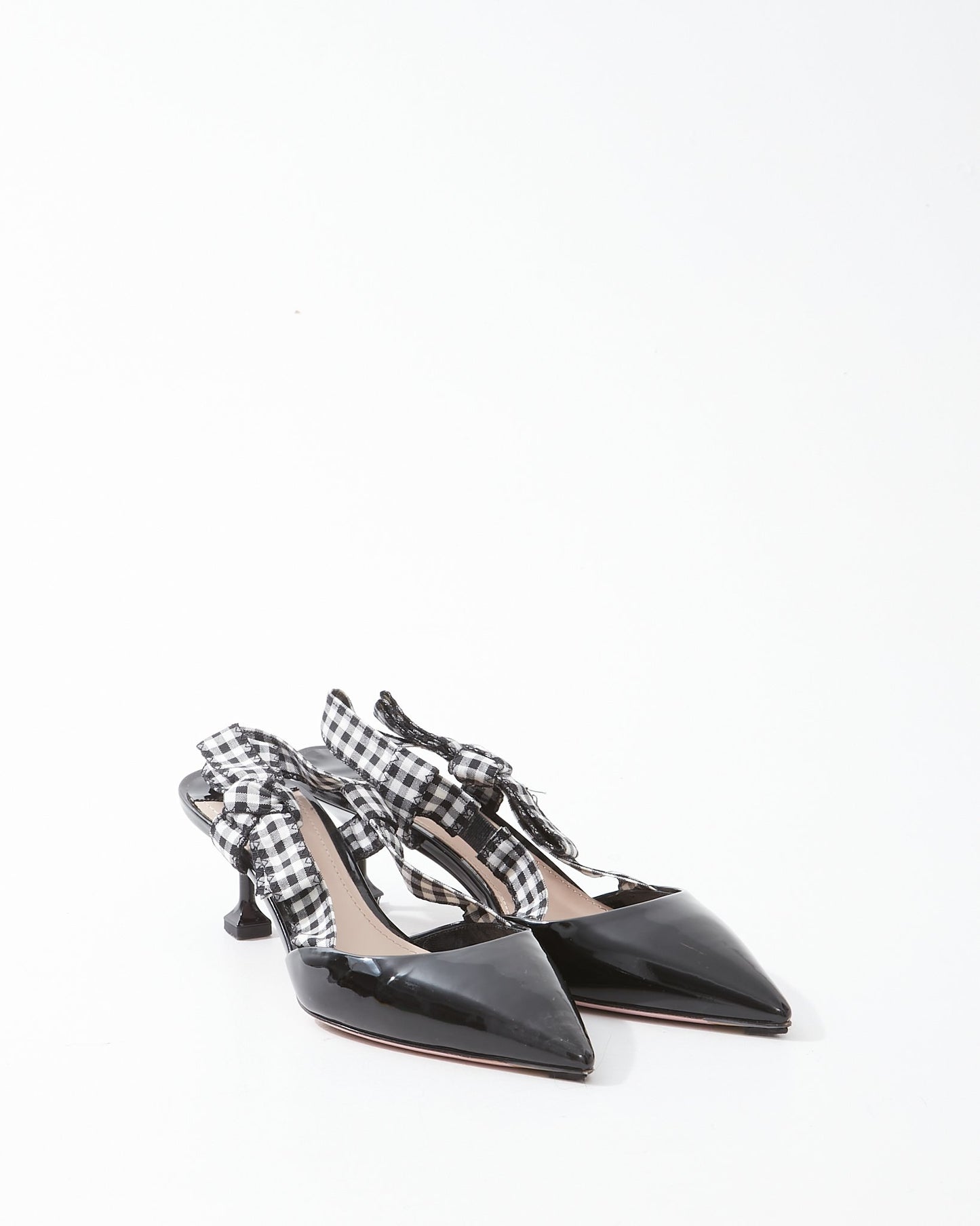 Miu Miu Black Patent Point Toe Plaid Bow SlingBack Kitten Heel - 39